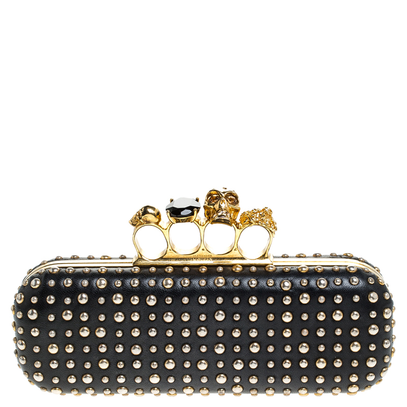 Alexander McQueen Black/Gold Studded Leather Skull Knuckle