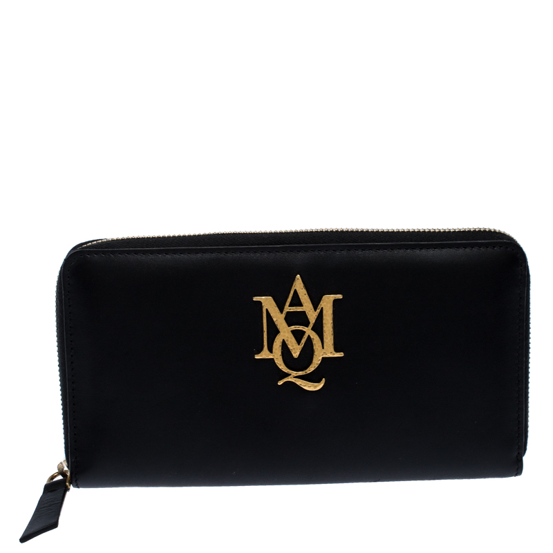 Alexander McQueen Black Leather AMQ Zip Around Continental Wallet