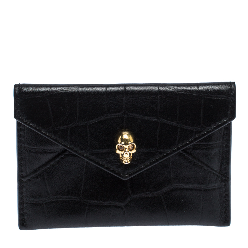 Alexander McQueen Black Crocodile Embossed Leather Skull Card Holder