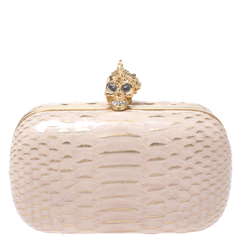 Pre Owned Alexander McQueen Beige/Gold Python Crystal Embellished Skull Clutch