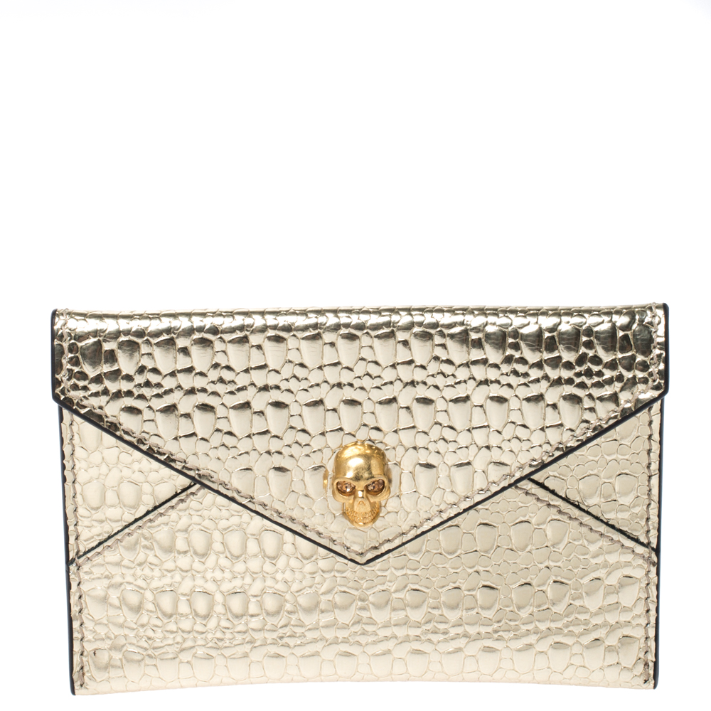 Alexander McQueen Metallic Gold Textured Leather Skull Card