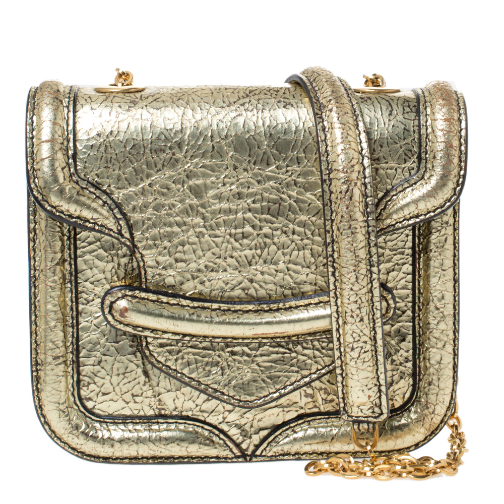 Pre Owned Alexander McQueen Metallic Gold Leather Mini Heroine Chain Crossbody Bag