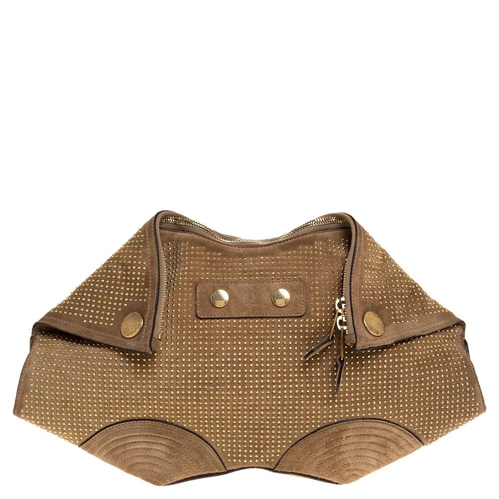 Pre Owned Alexander McQueen Light Brown Suede Medium Studded De Manta Clutch