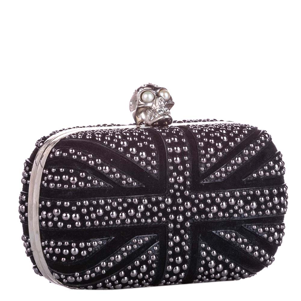 

Alexander McQueen Black/Silver Britannia Skull Box Studded Suede Clutch Bag