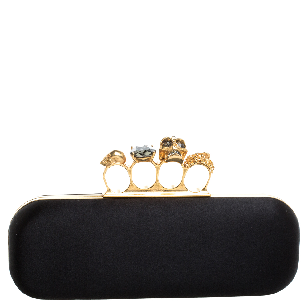 Pre Owned Alexander McQueen Black Satin Skull Knuckle Box Clutch