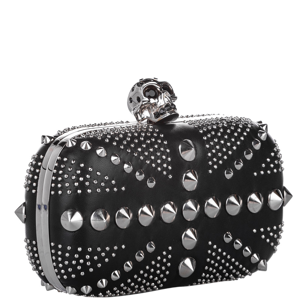 

Alexander McQueen Black Leather and Silver tone Studded Britannia Box Clutch Bag