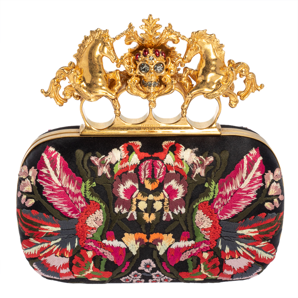 Pre-owned Alexander Mcqueen Black Satin Floral Embroidered Skull And Unicorn Knuckle Clutch