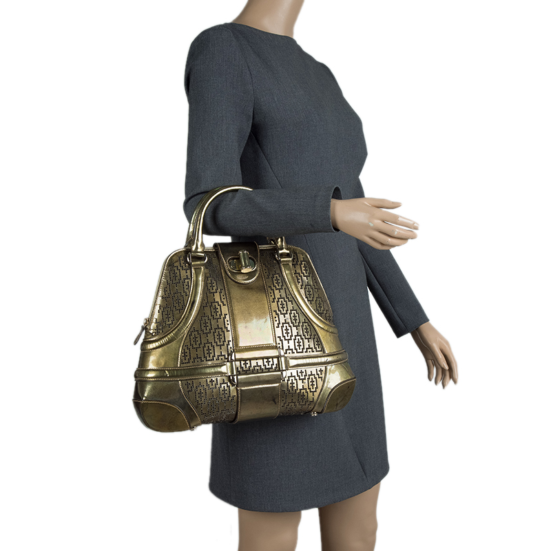 

Alexander Mcqueen Gold Perforated Patent Leather Novak Satchel
