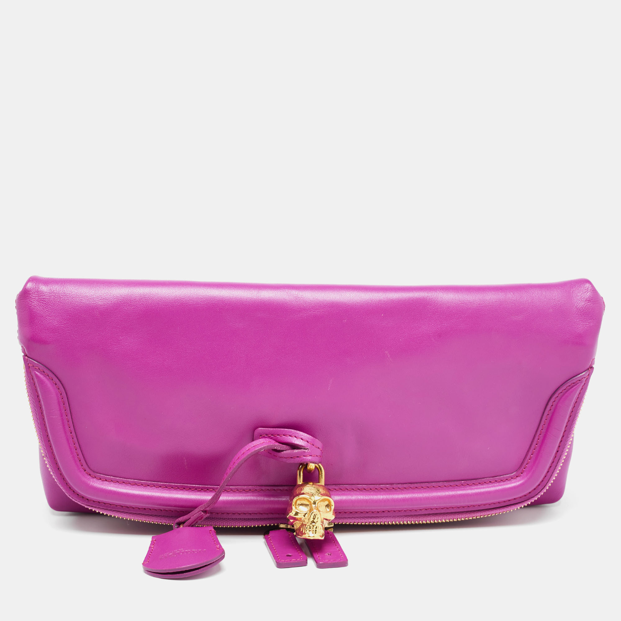 Pre-owned Alexander Mcqueen Fucshia Leather Skull Padlock Fold Over Clutch In Pink