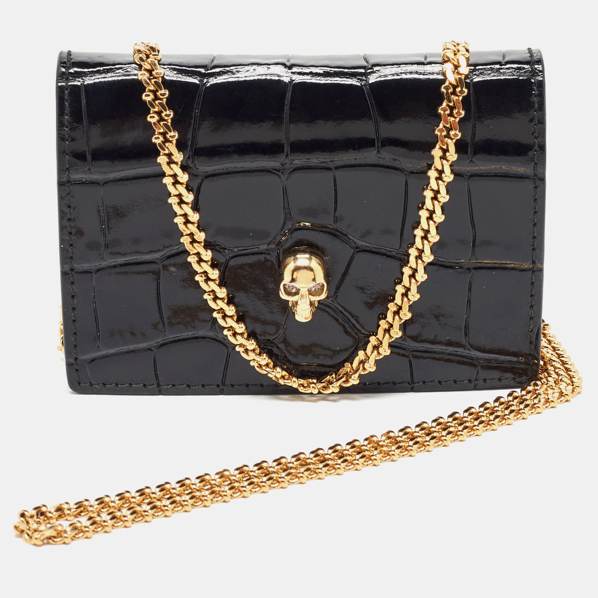 Alexander McQueen Black Croc Embossed Leather Skull Chain Card Case