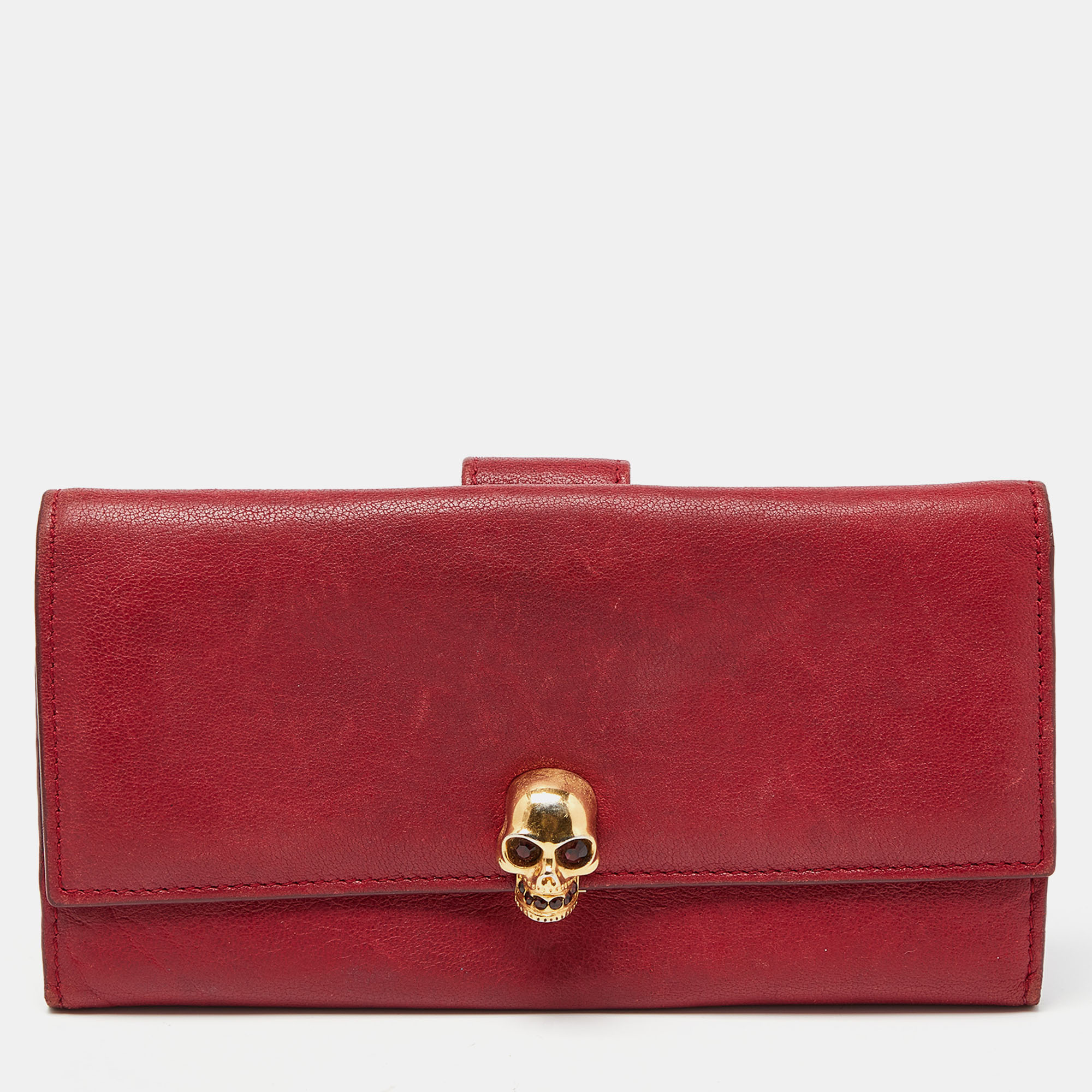 Pre-owned Alexander Mcqueen Red Leather Skull Continental Wallet