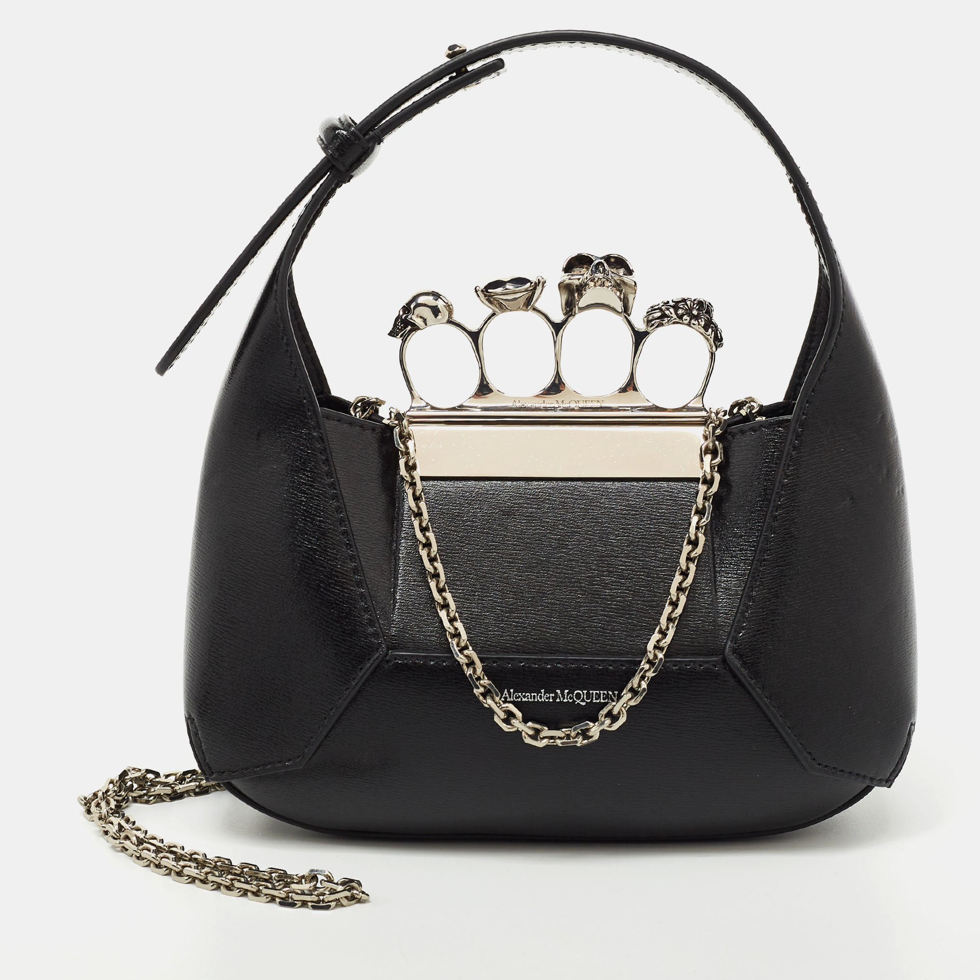 Pre-owned Alexander Mcqueen Black Leather Mini Jewelled Hobo