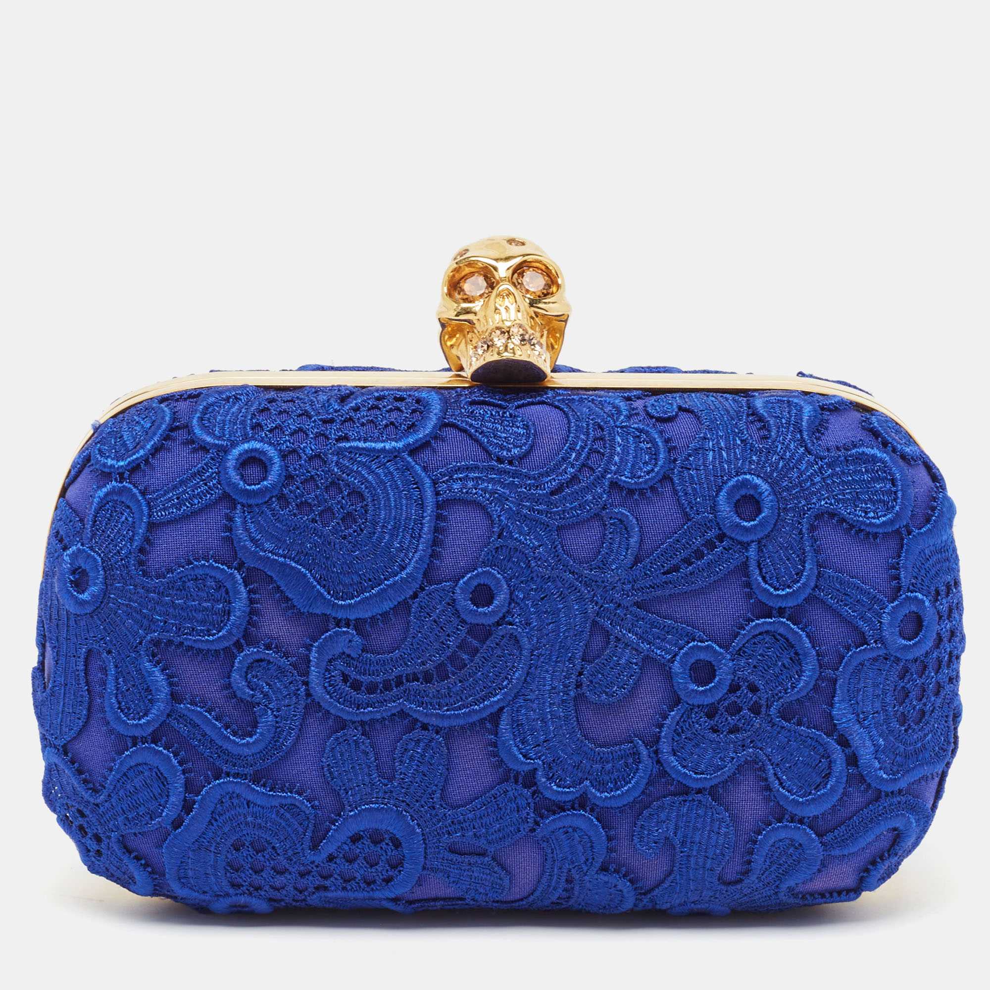 Pre-owned Alexander Mcqueen Blue Floral Lace Skull Box Clutch