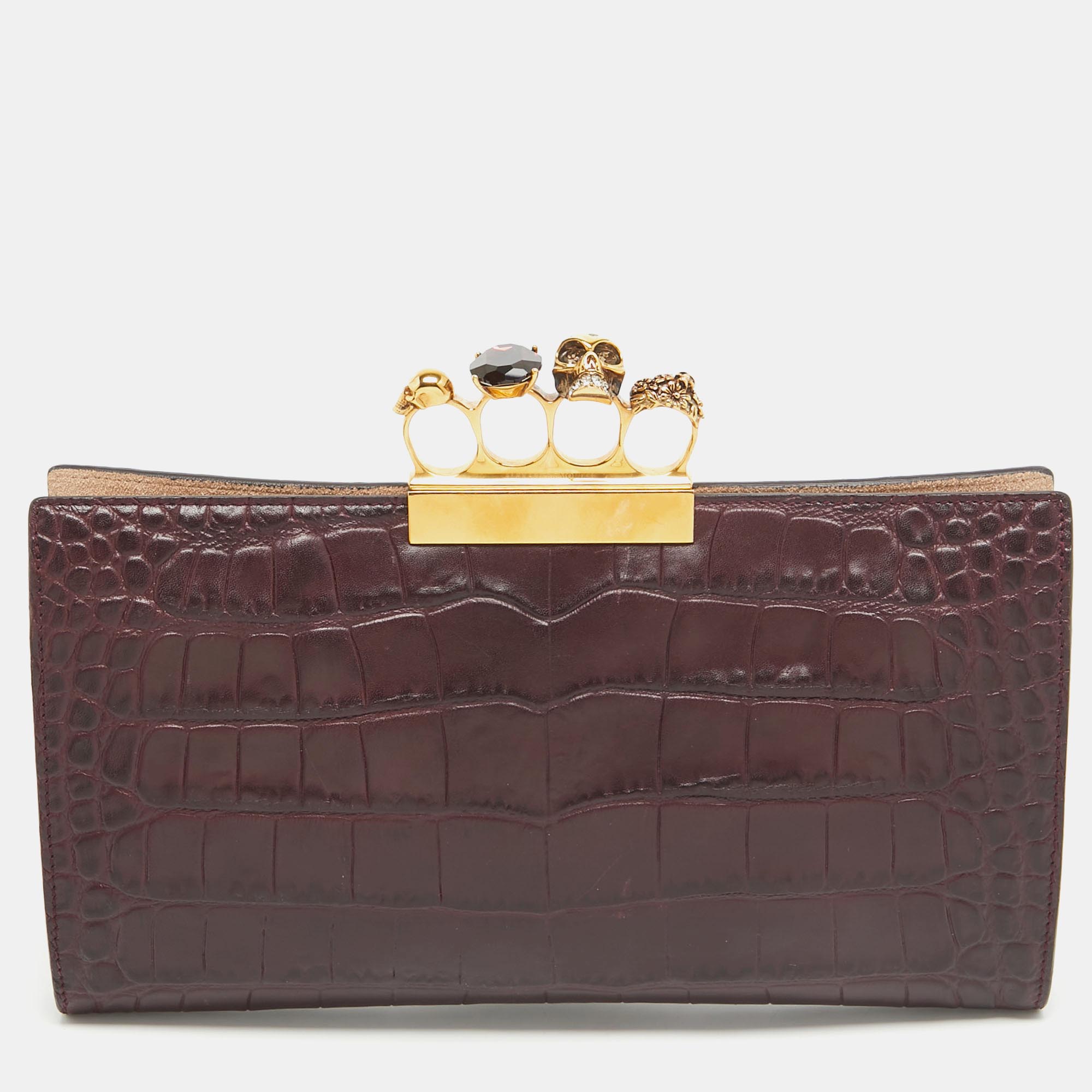 Pre-owned Alexander Mcqueen Burgundy Croc Embossed Leather The Knuckle Clutch