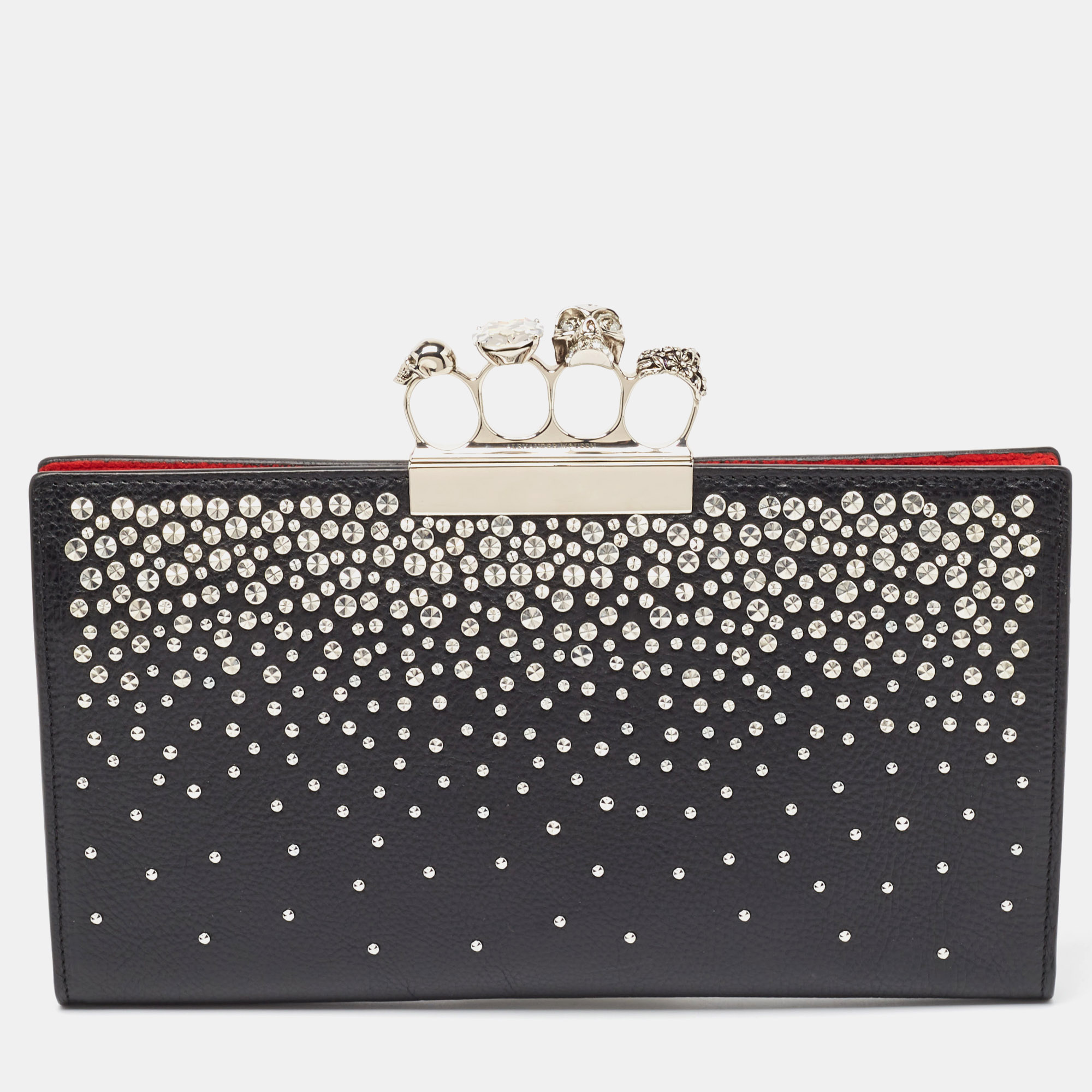 Pre-owned Alexander Mcqueen Black Leather Studded Knuckle Flap Clutch