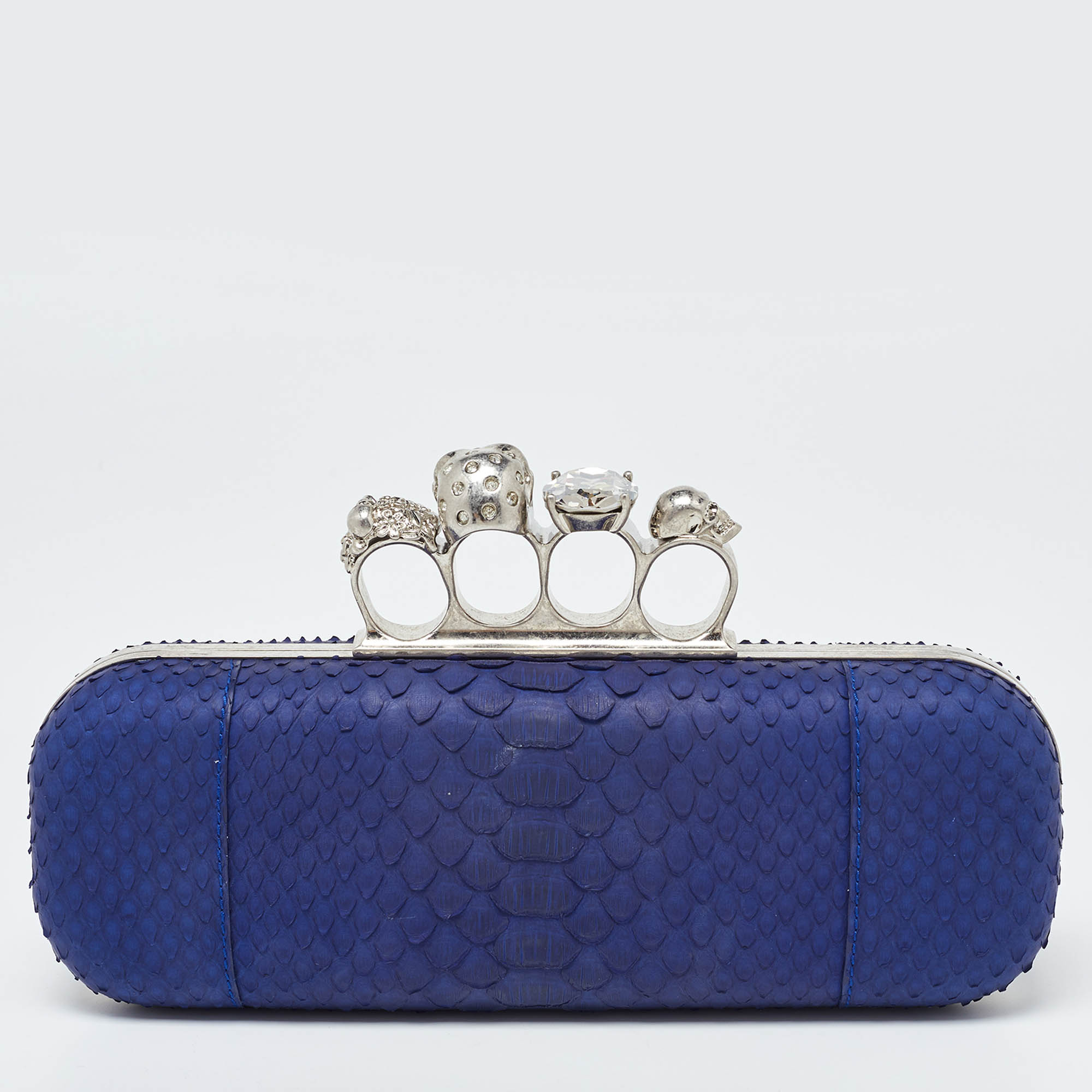 Pre-owned Alexander Mcqueen Blue Python Skull Knuckle Box Clutch