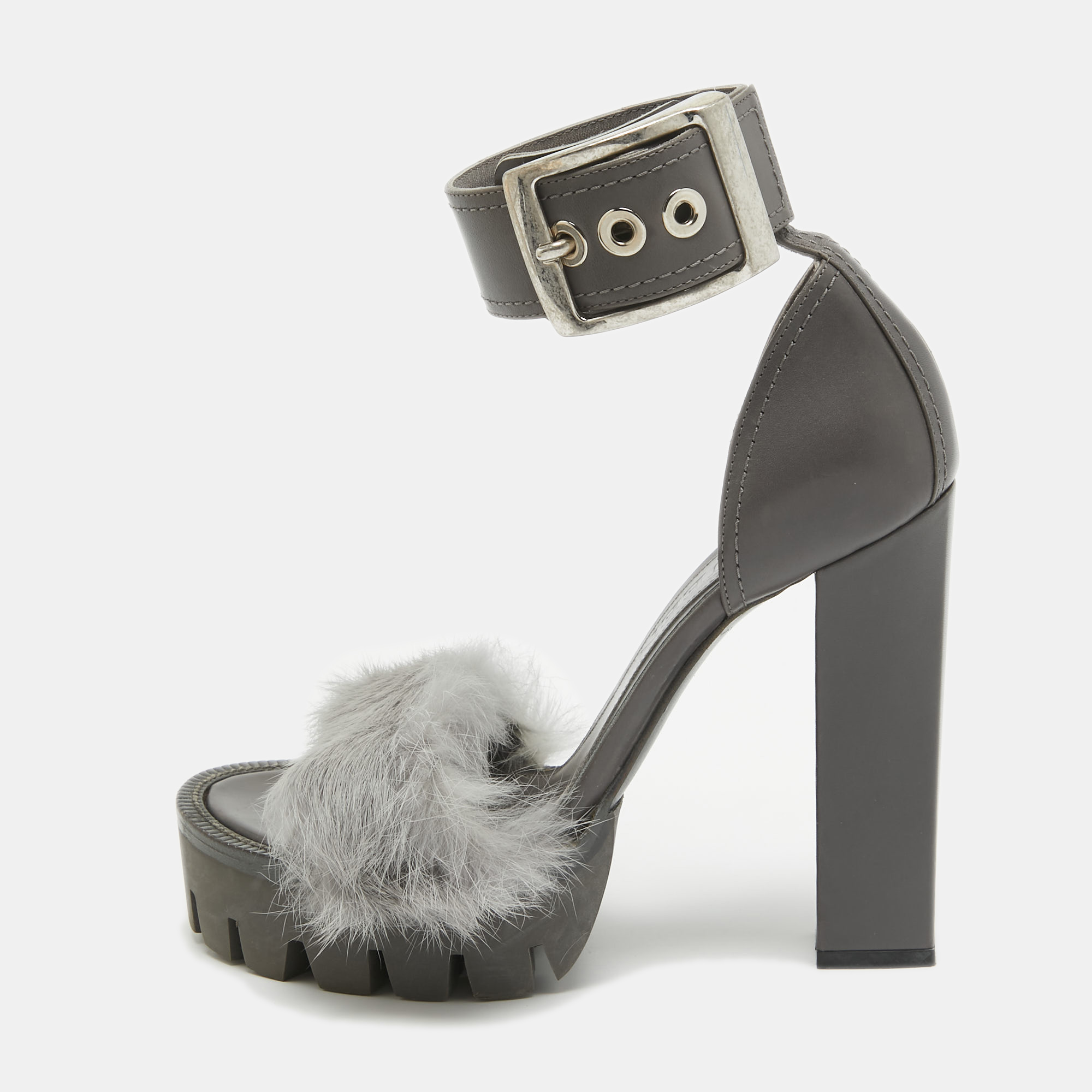 

Alexander McQueen Dark Grey Leather and Fur Ankle Strap Sandals Size