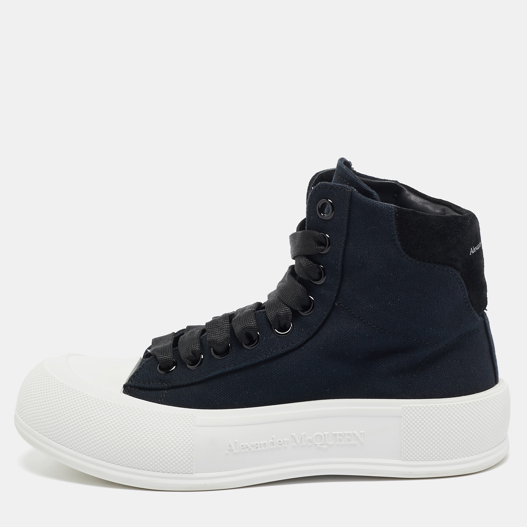 

Alexander McQueen Black Canvas Deck Plimsoll High Top Sneakers Size, Navy blue