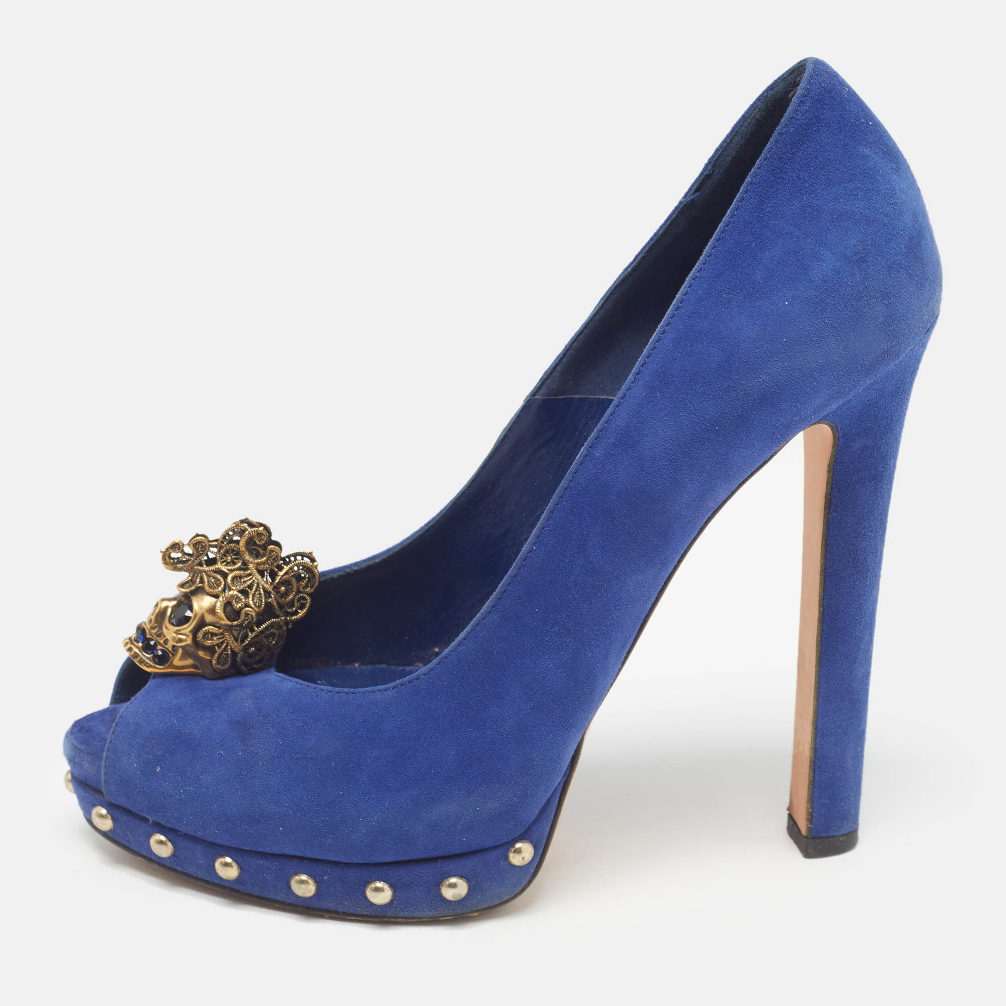 

Alexander McQueen Blue Suede Skull Peep Toe Pumps Size