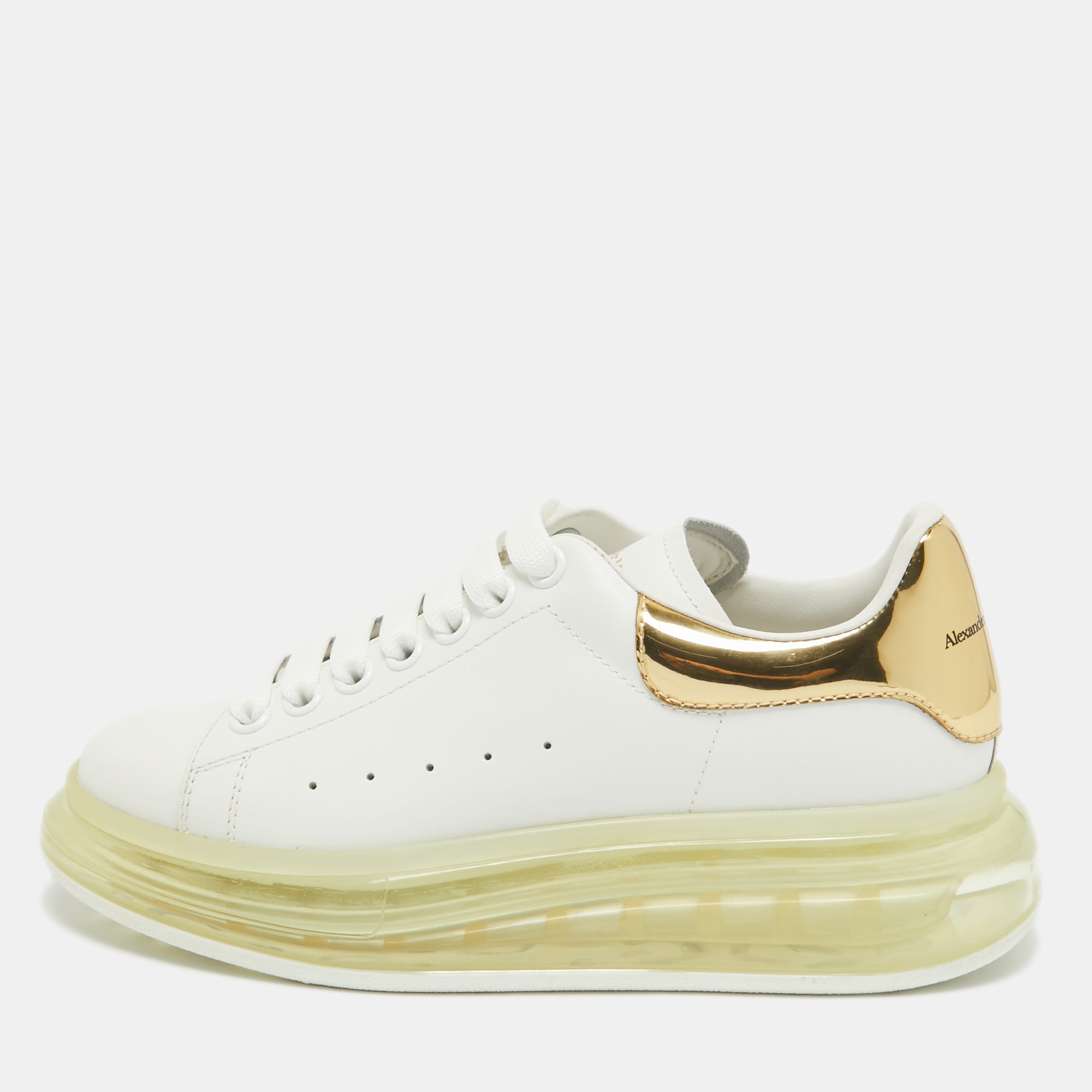 

Alexander McQueen White/Gold Leather Larry Clear Sole Sneakers Size