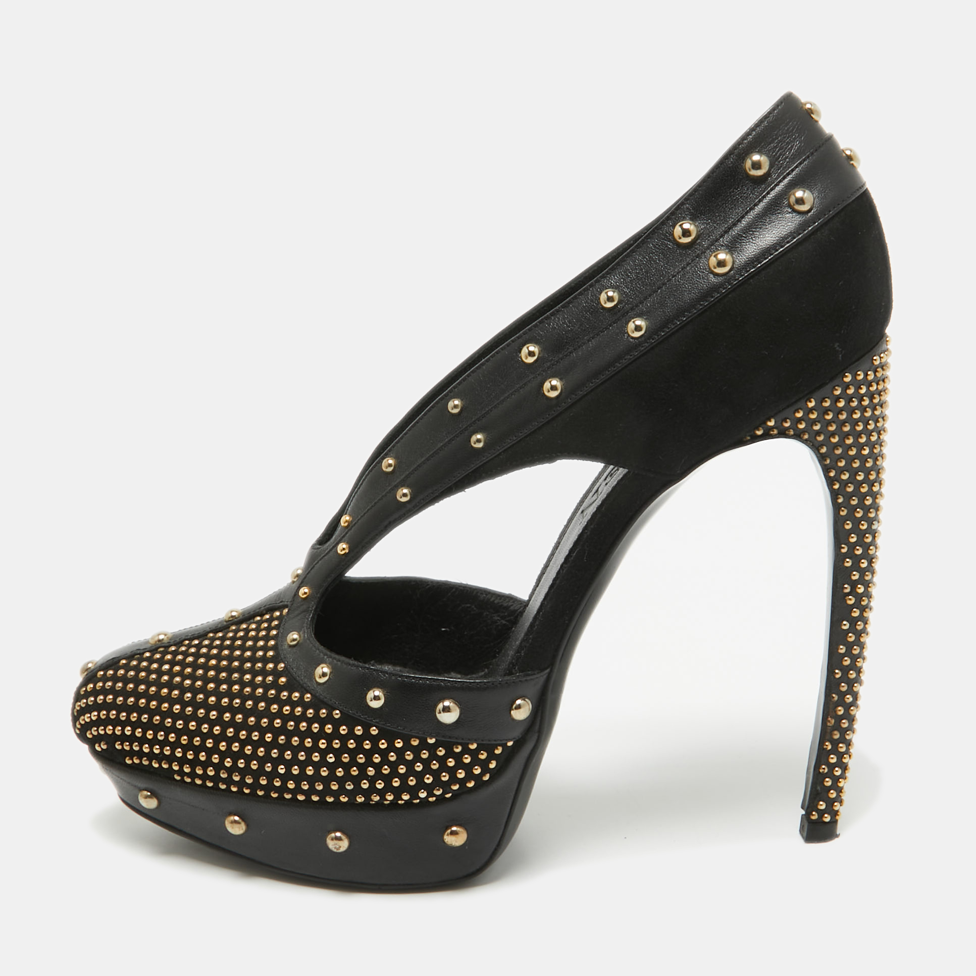 

Alexander McQueen Black Leather and Suede Studded Platform Pumps Size