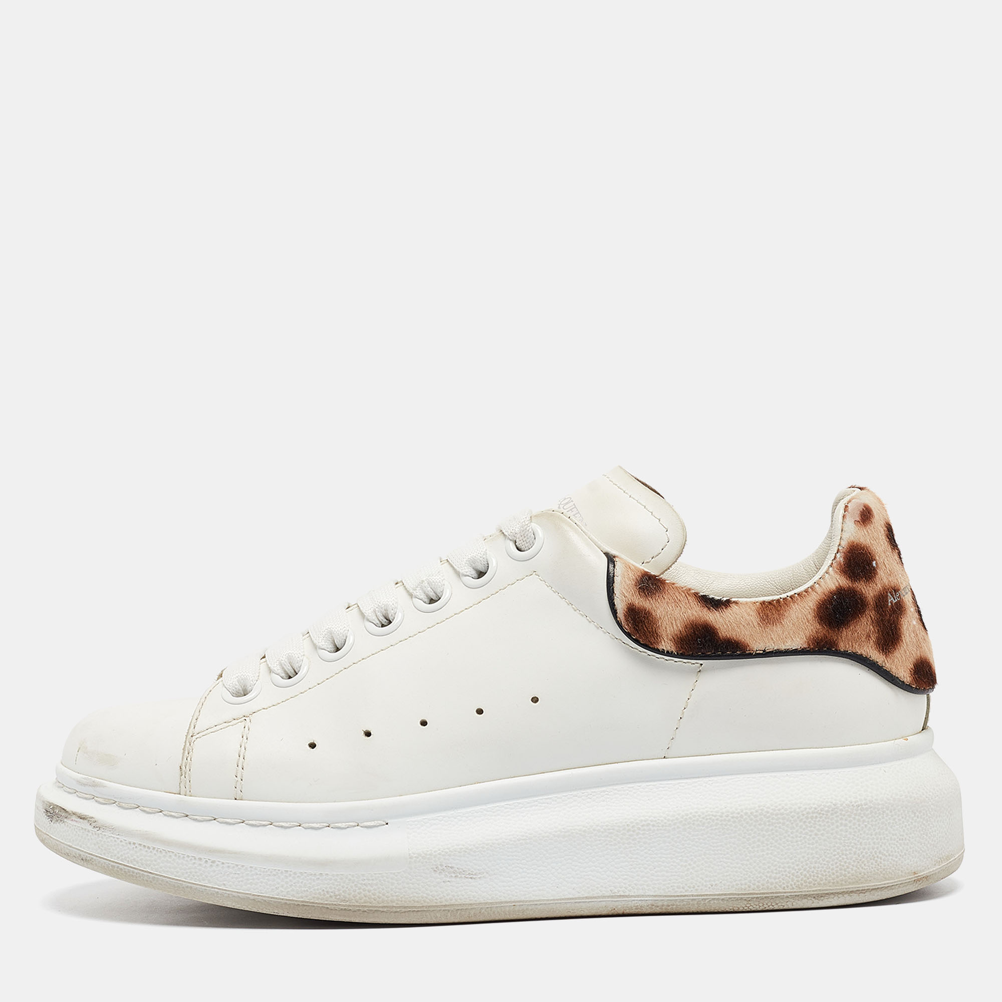 

Alexander McQueen White/Brown Leather and Calf hair Oversized Lace Up Sneakers Size