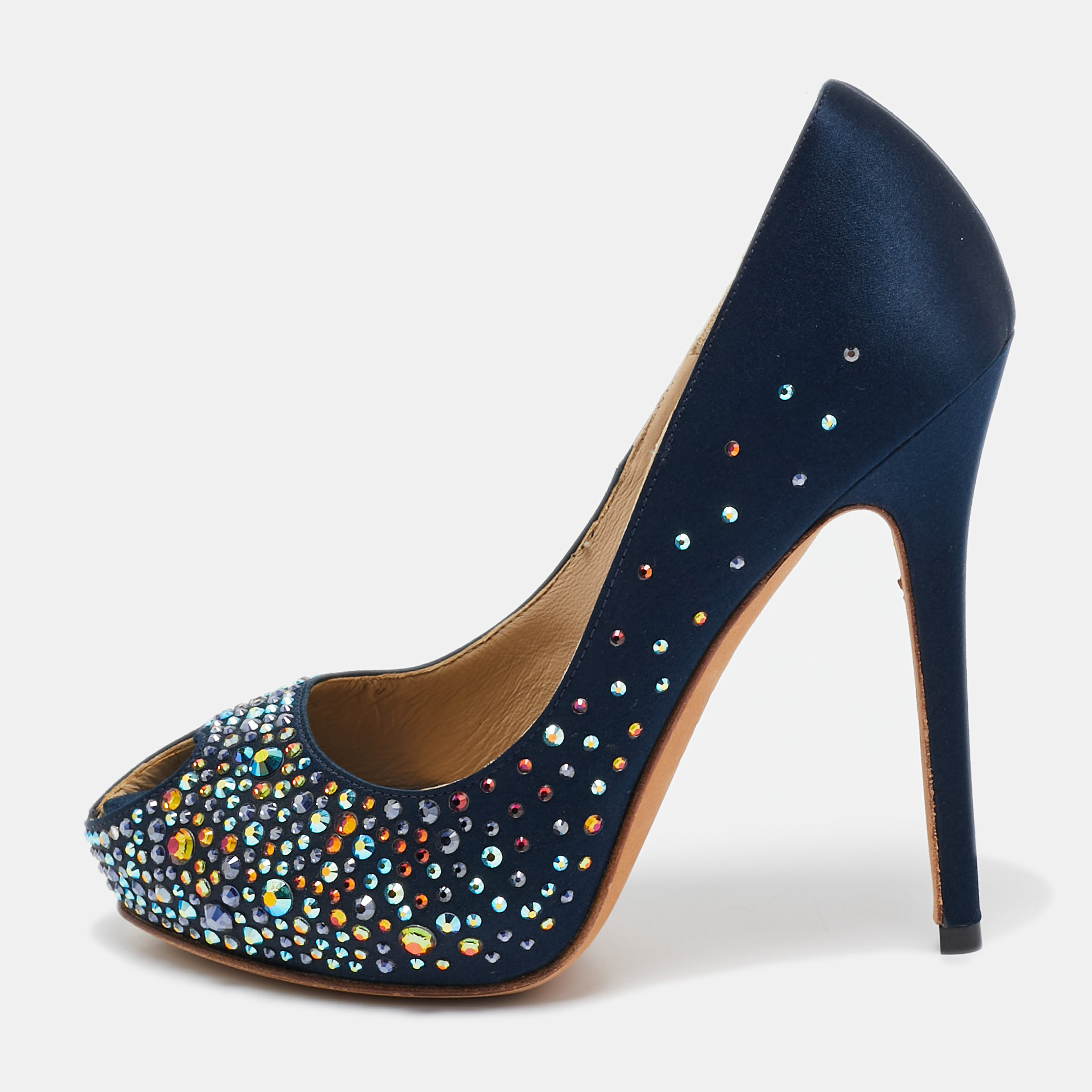 

Alexander McQueen Navy Blue Satin Crystal Embellished Peep Toe Pumps Size