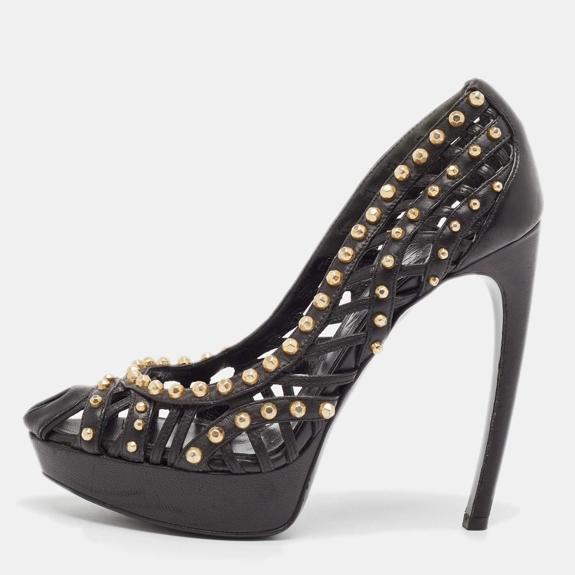 

Alexander McQueen Black Leather Studded Cut Out Peep Toe Platform Pumps Size