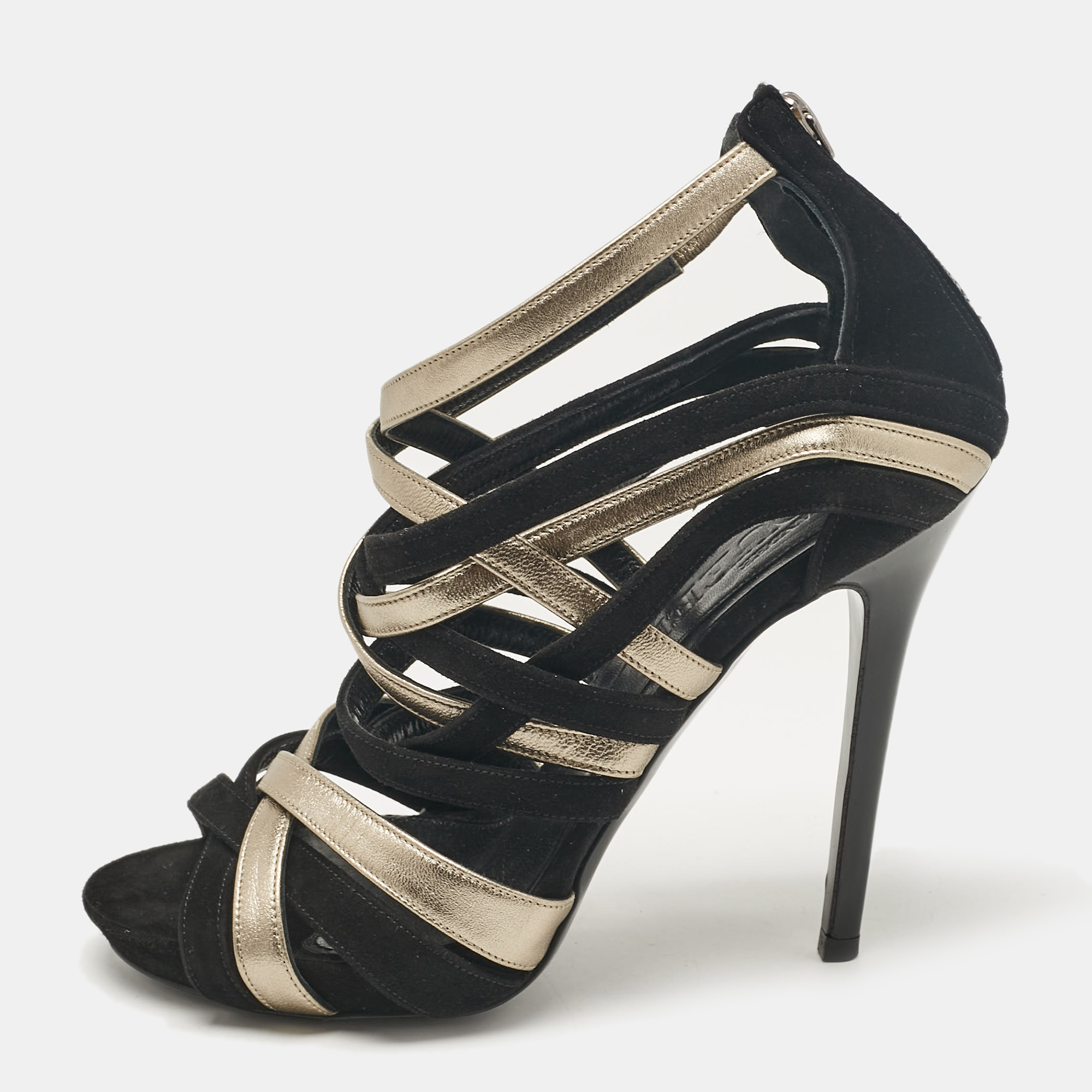 

Alexander McQueen Black/Metallic Suede and Leather Strappy Sandals Size