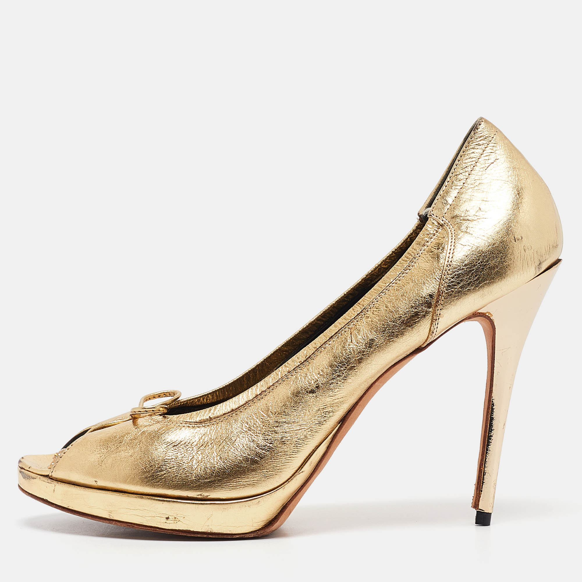 

Alexander McQueen Gold Leather Peep Toe Platform Pumps Size