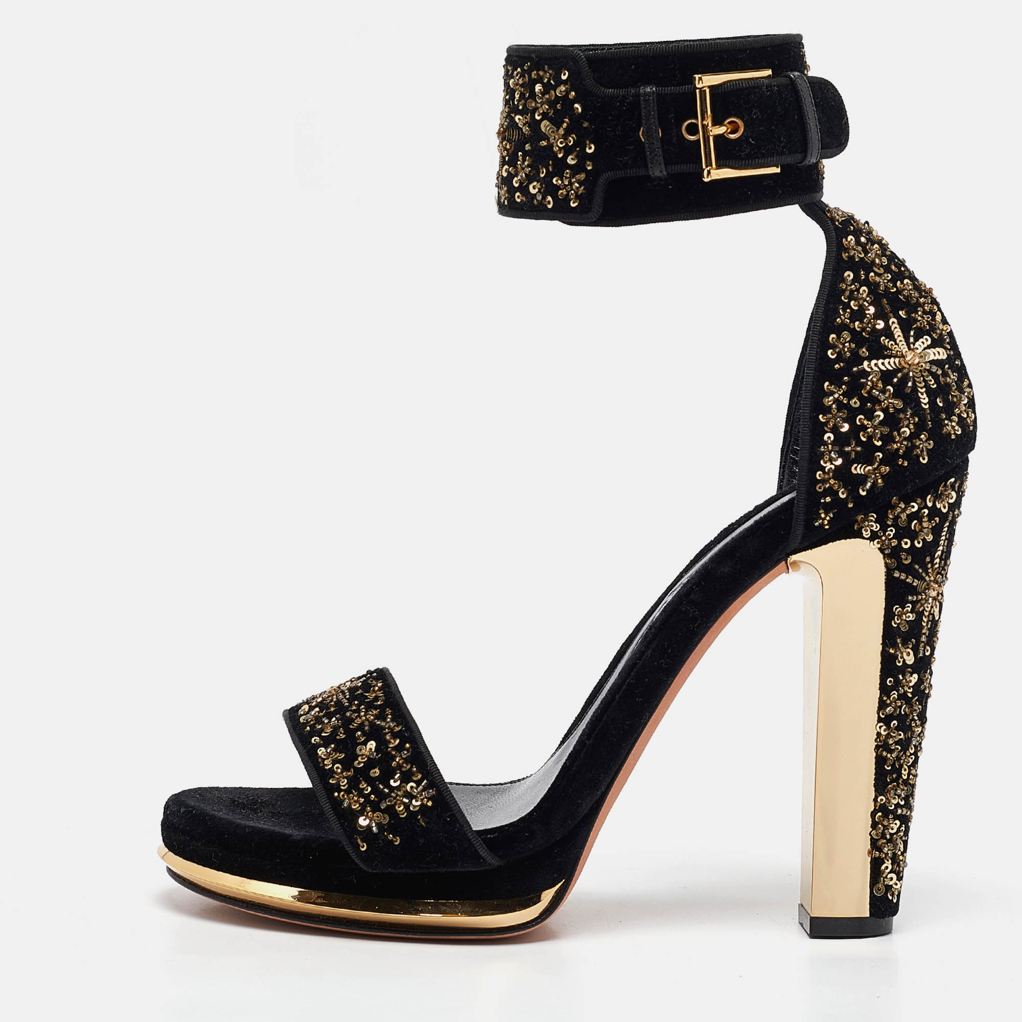 

Alexander McQueen Black Velvet Embellished Ankle Strap Sandals Size