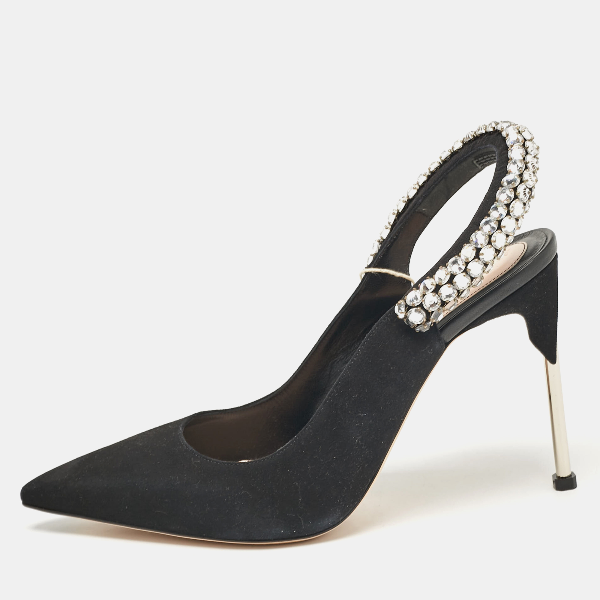 

Alexander McQueen Black Suede Crystal Embellished Slingback Pumps Size