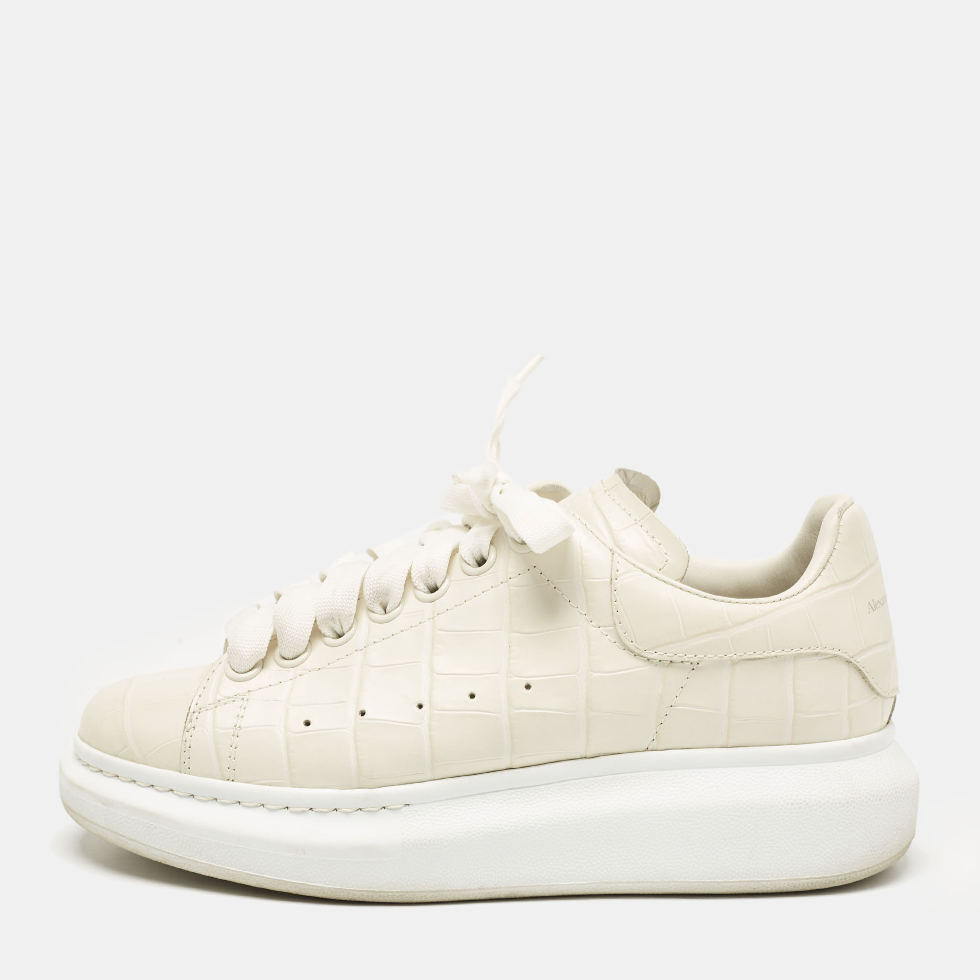 

Alexander McQueen Cream Croc Embossed Leather Oversized Low Top Sneakers Size