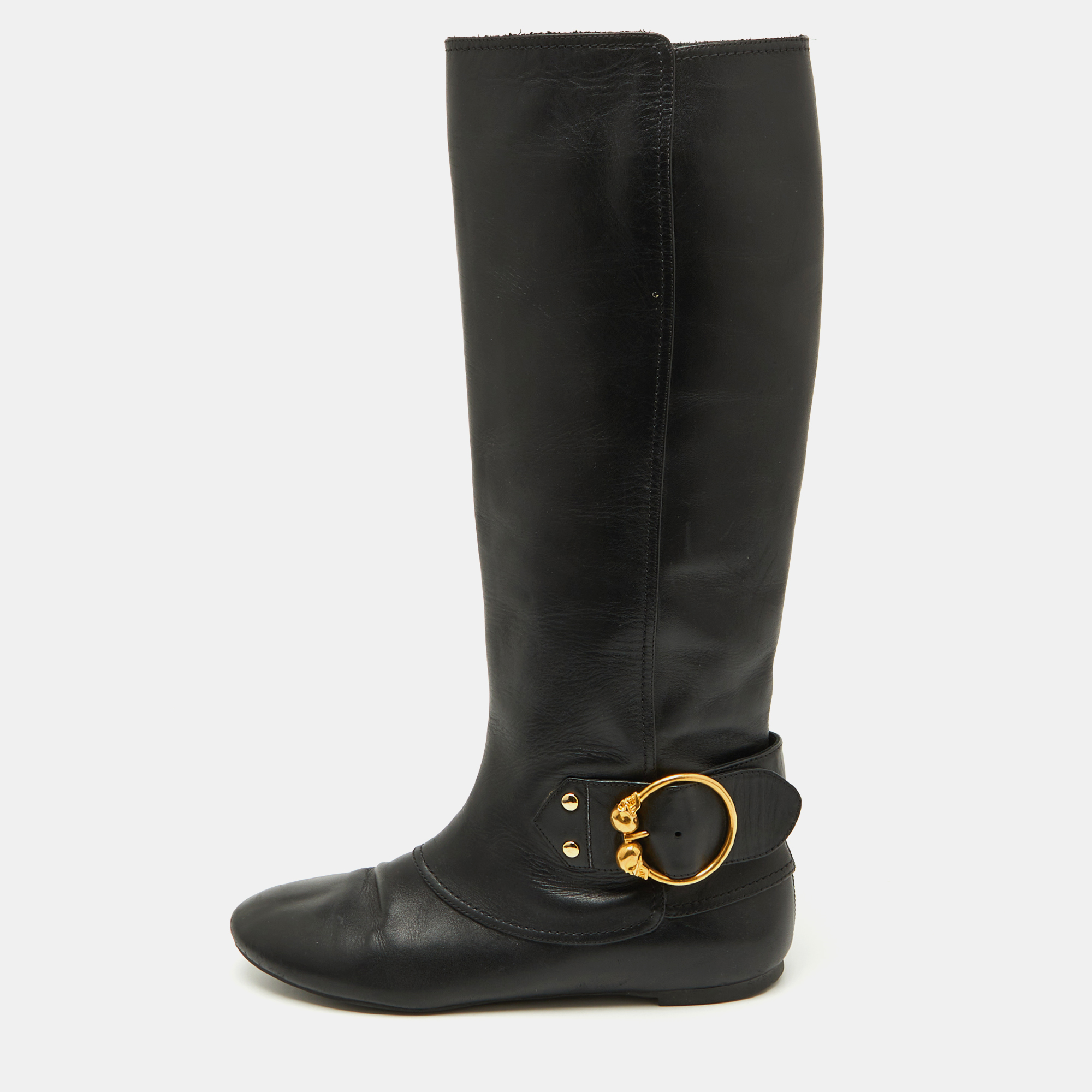 

Alexander McQueen Black Leather Buckle Detail Knee length Boots Size