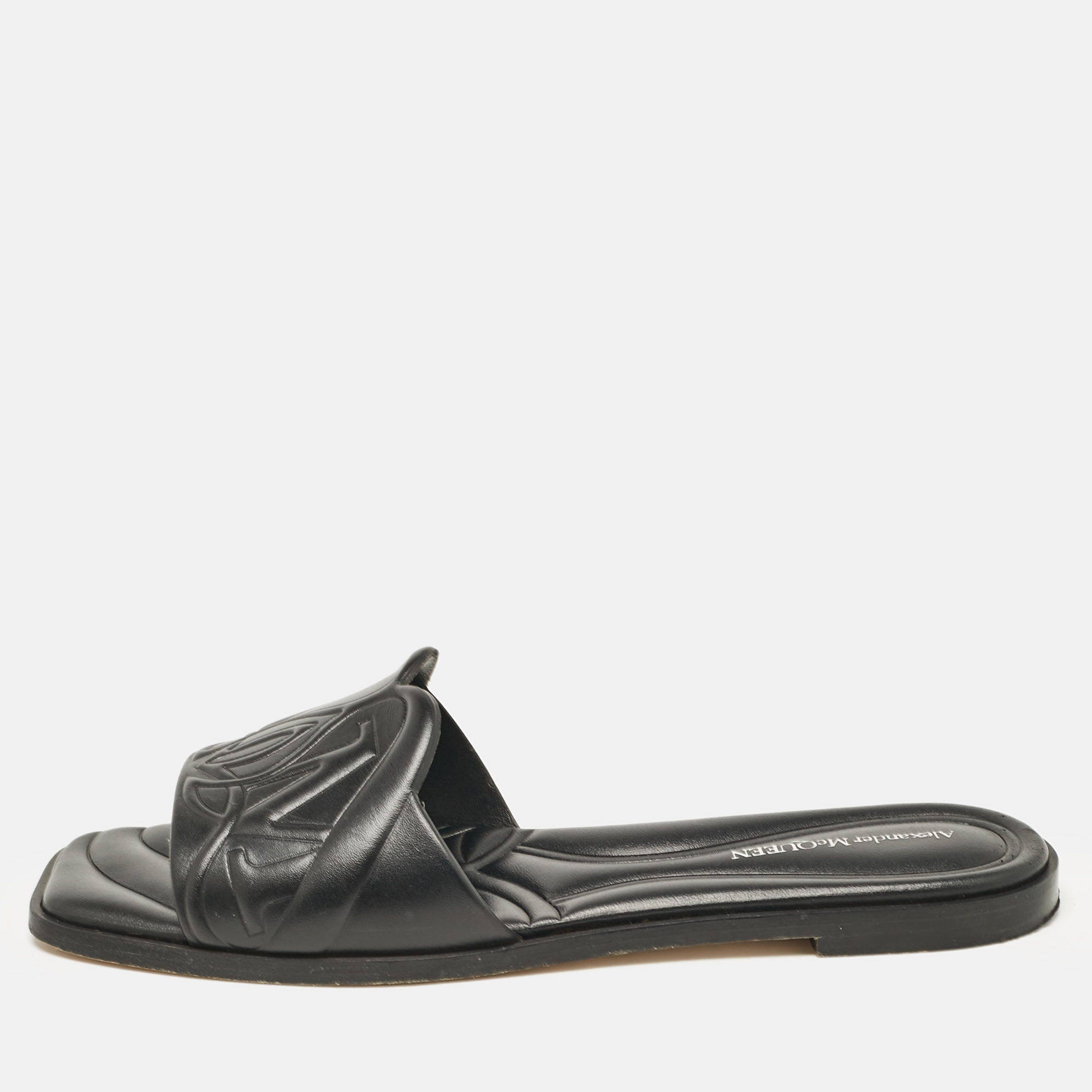 

Alexander McQueen Black Leather Seal Flat Slides Size