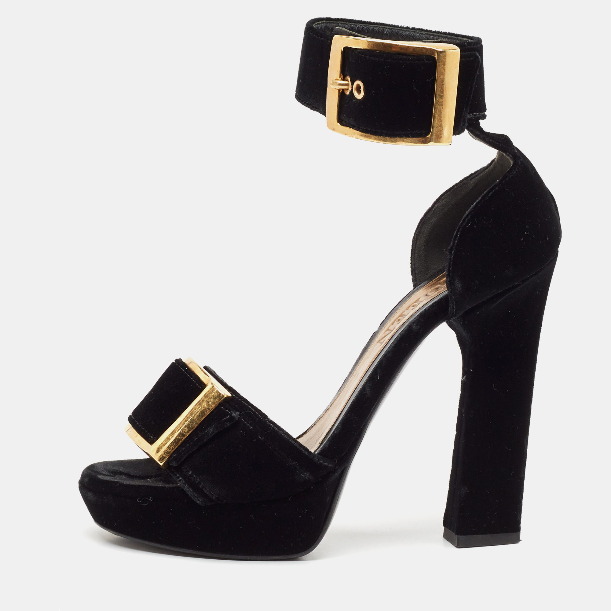 

Alexander McQueen Black Velvet Buckle Platform Ankle Strap Sandals Size