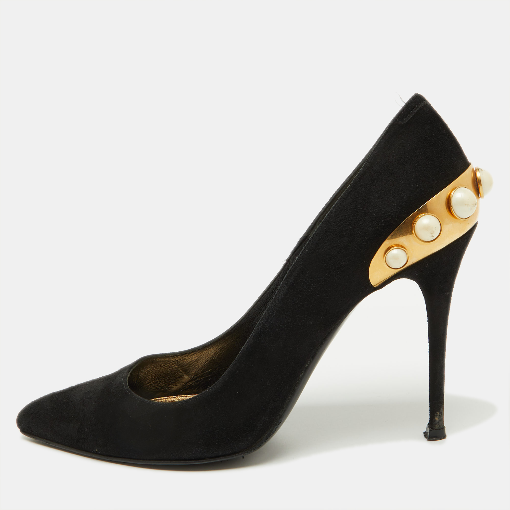 

Alexander McQueen Black Suede Gold Trimmed Faux Pearl Pumps Size