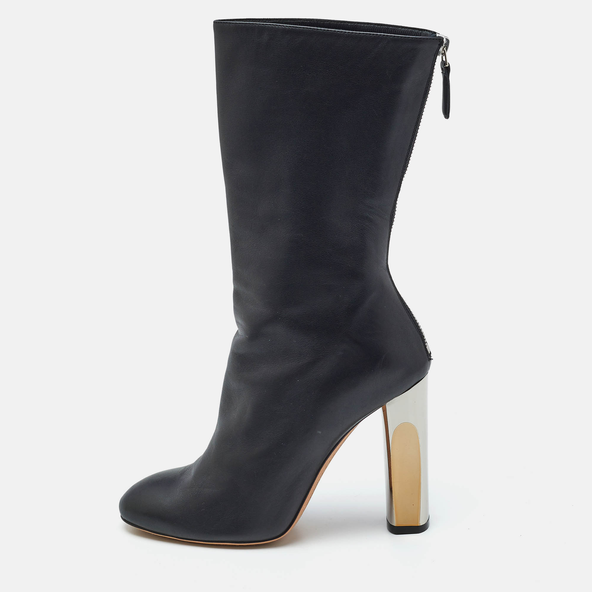 

Alexander McQueen Black Leather Sculpted Heel Mid Calf Boots Size