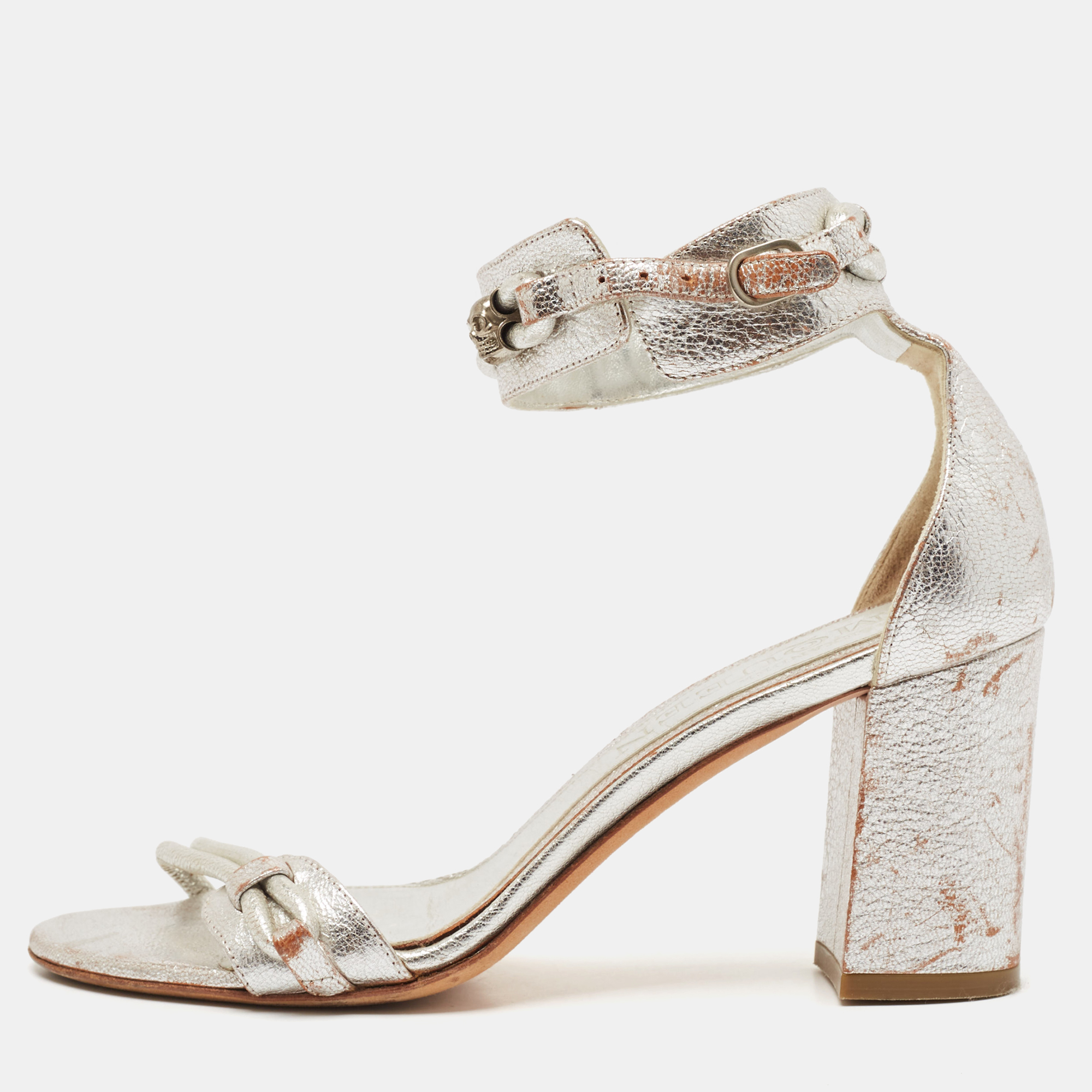 

Alexander McQueen Silver Leather Ankle Strap Sandals Size