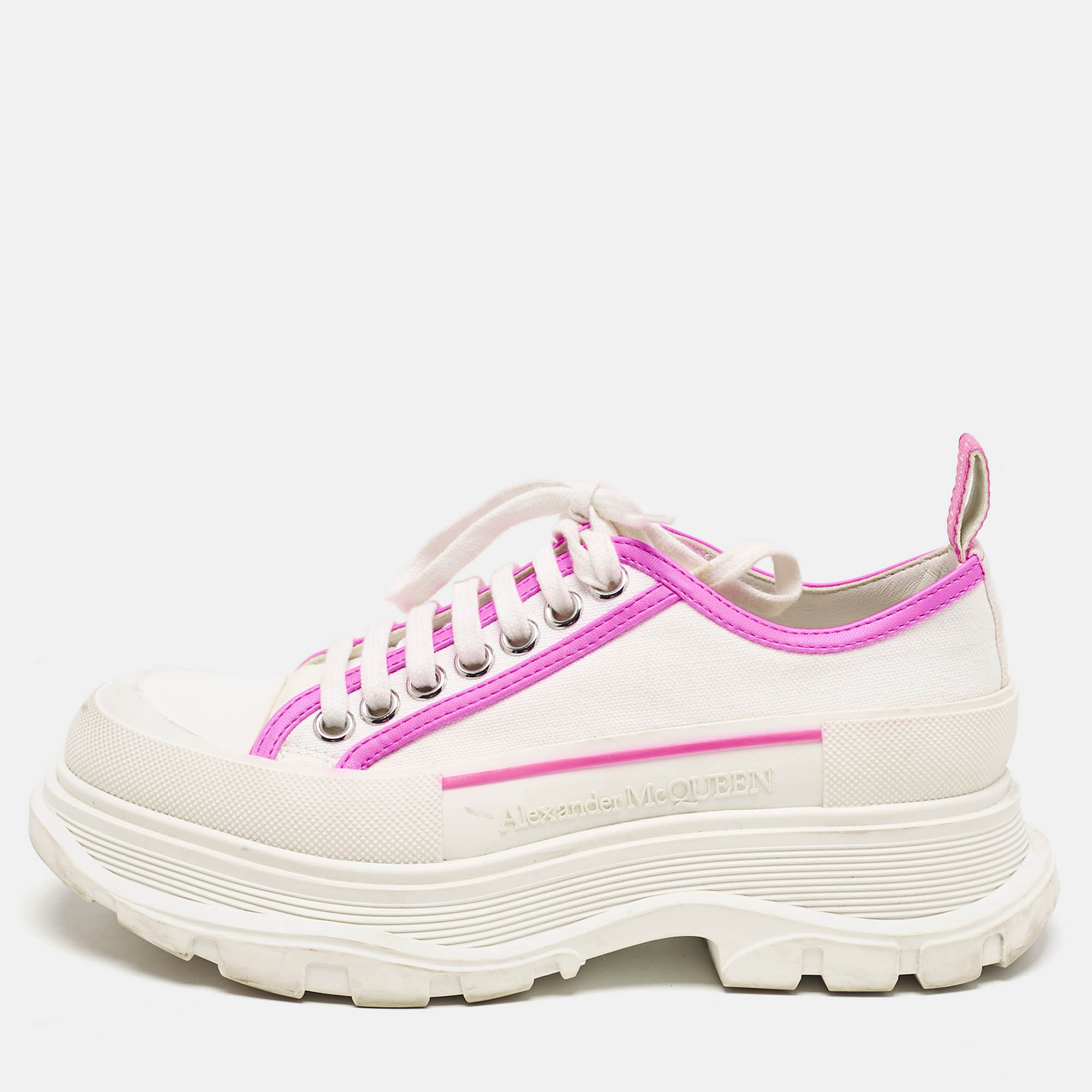 

Alexander McQueen White/Neon Pink Canvas and Leather Slick Chunky Sneakers Size