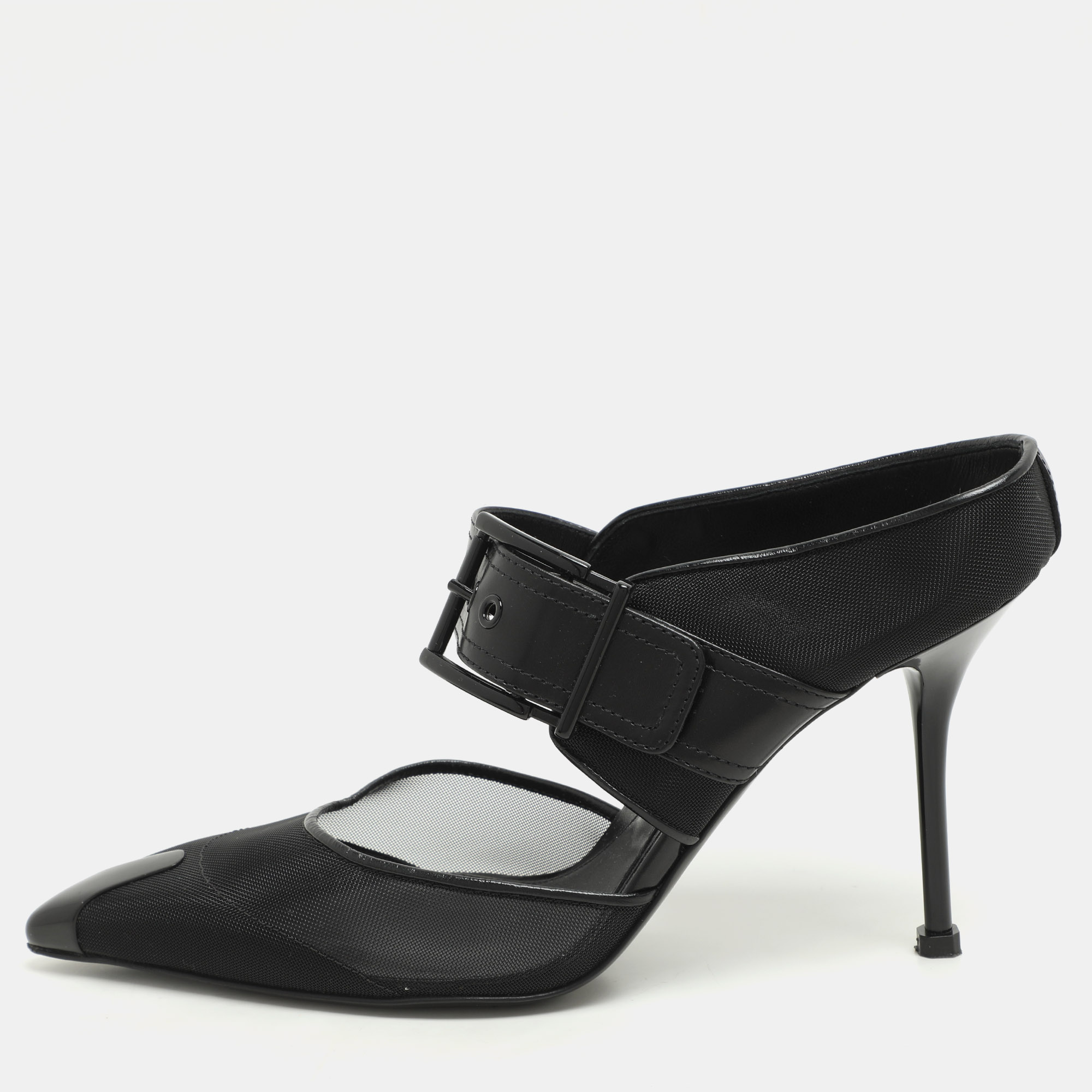 

Alexander McQueen Black Leather and Mesh Punk Mules Size