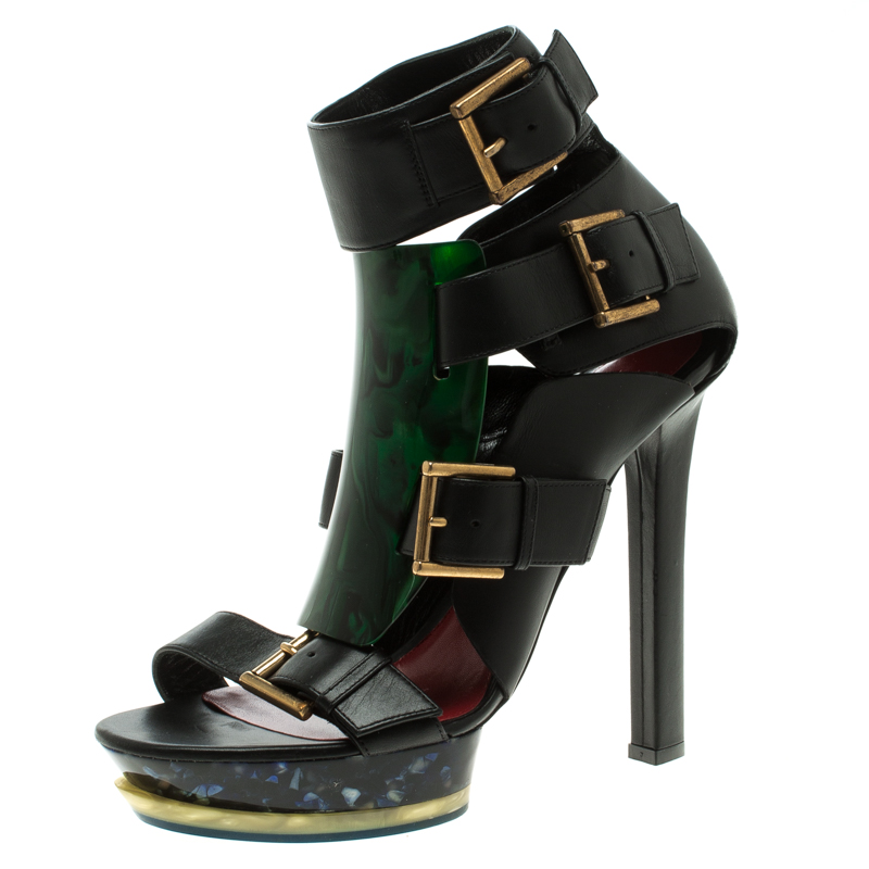 Alexander McQueen Black Leather Plexi Plaque Strappy Platform Sandals Size 40