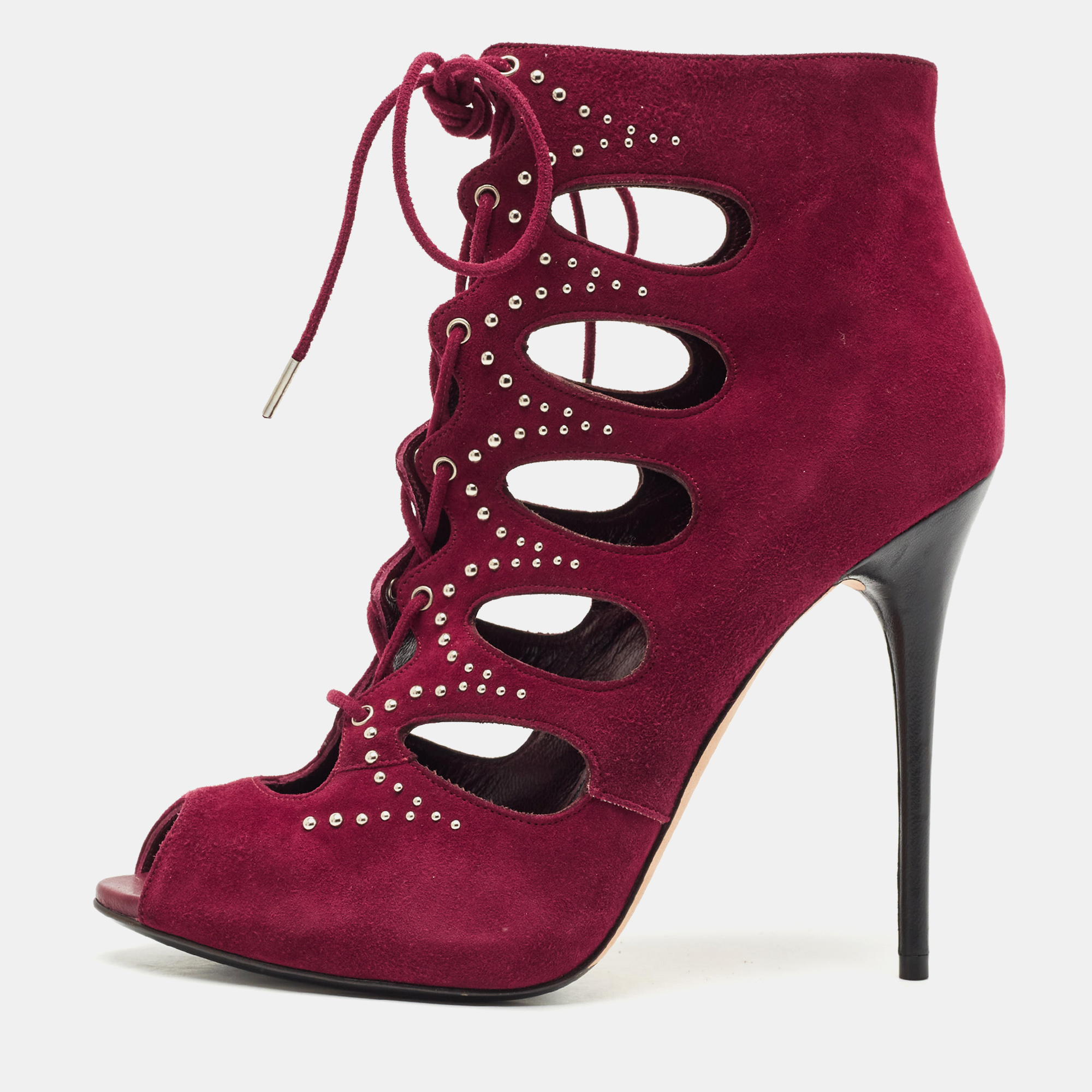 

Alexander McQueen Burgundy Cut Out Suede Studded Ankle Booties Size
