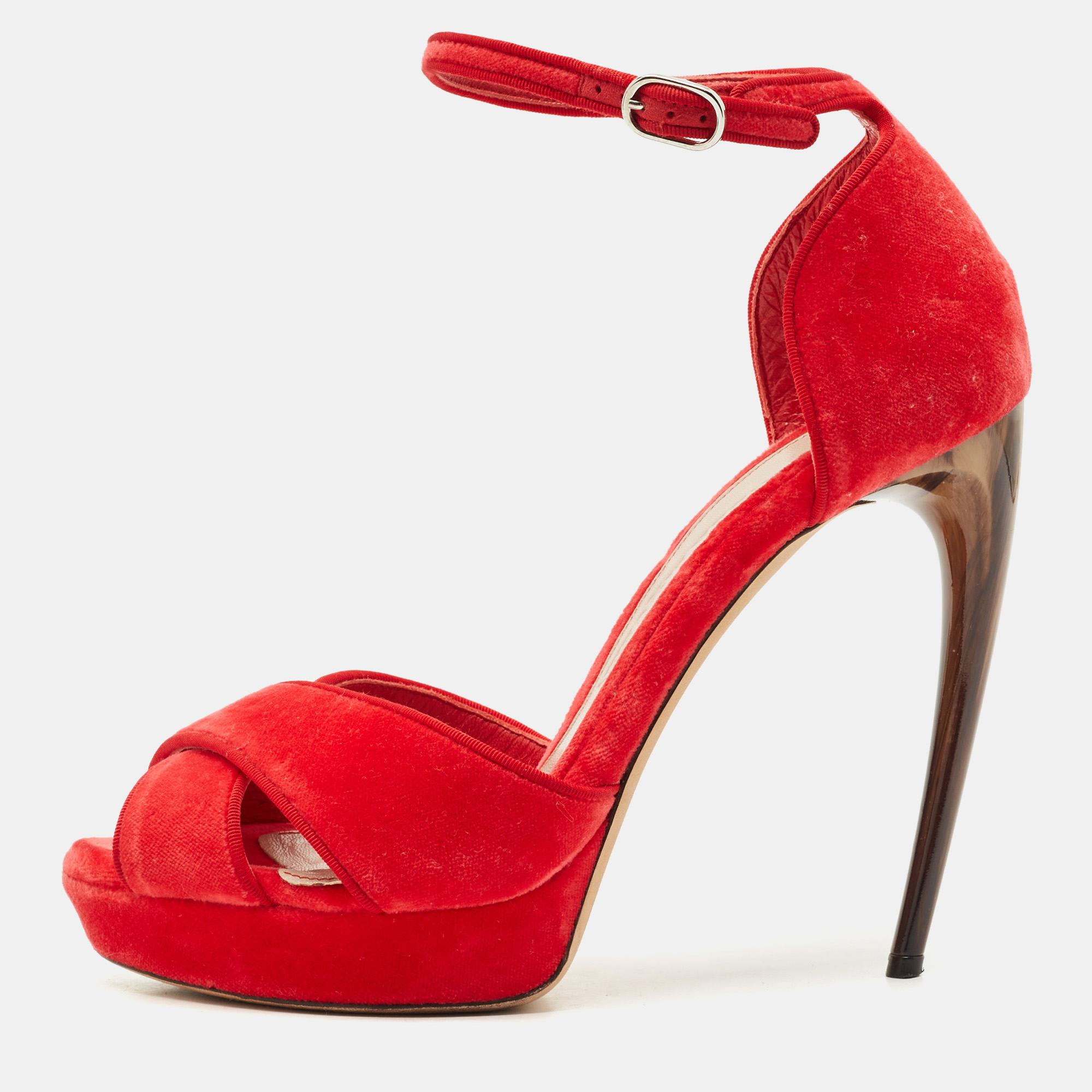 

Alexander McQueen Red Velvet Horn Heel Ankle Strap Platform Sandals Size