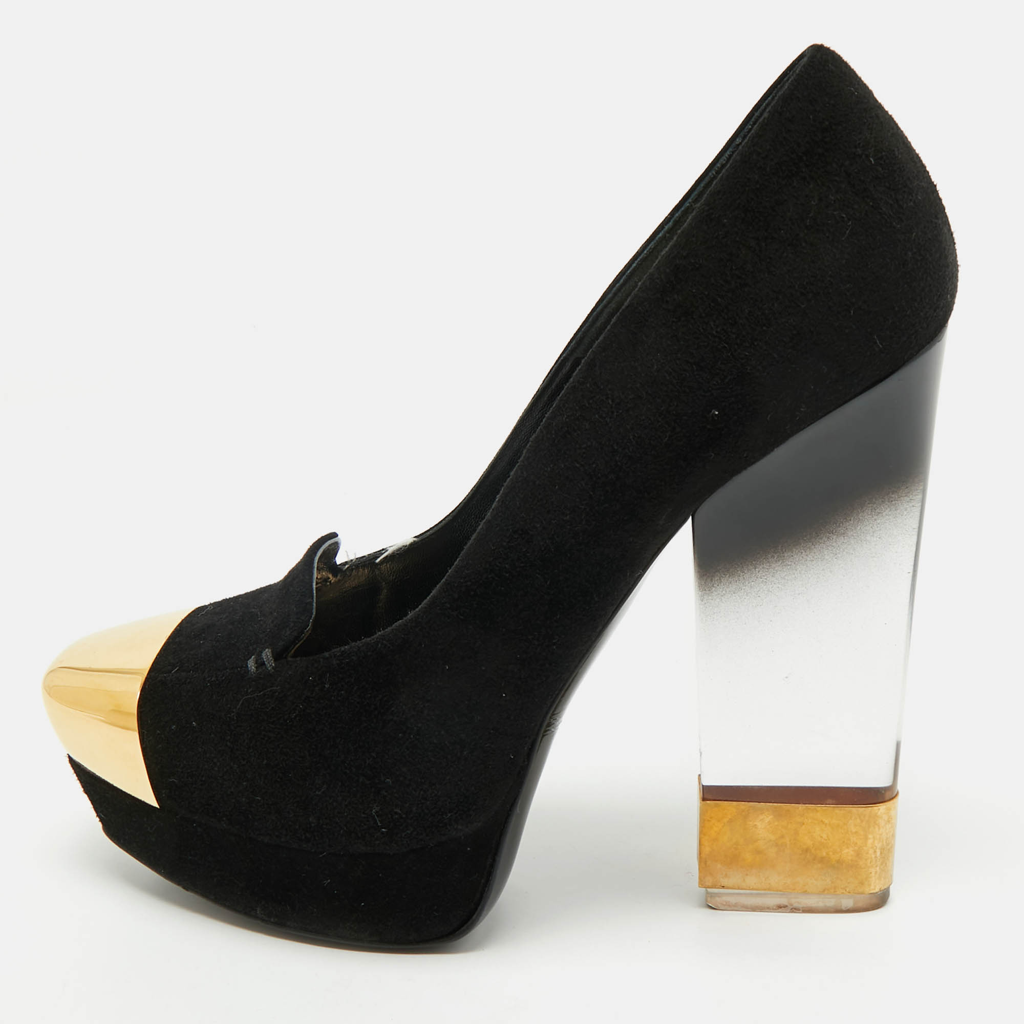 

Alexander McQueen Black Suede Plexi Heel Platform Pumps Size