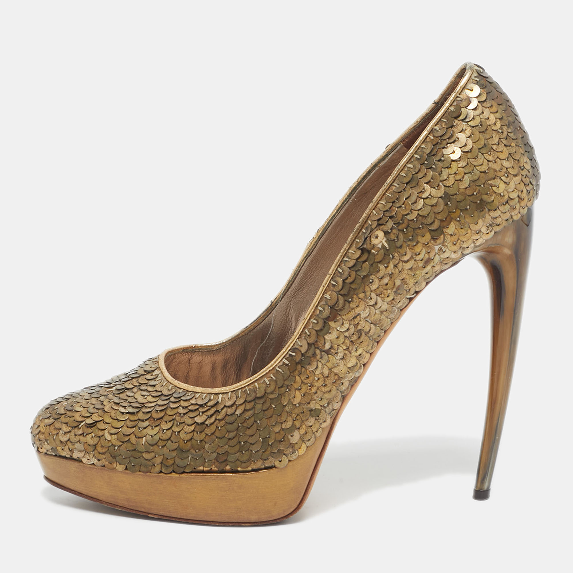 Pre-owned Alexander Mcqueen Gold Sequins Horn Heel Platform Pumps Size 40