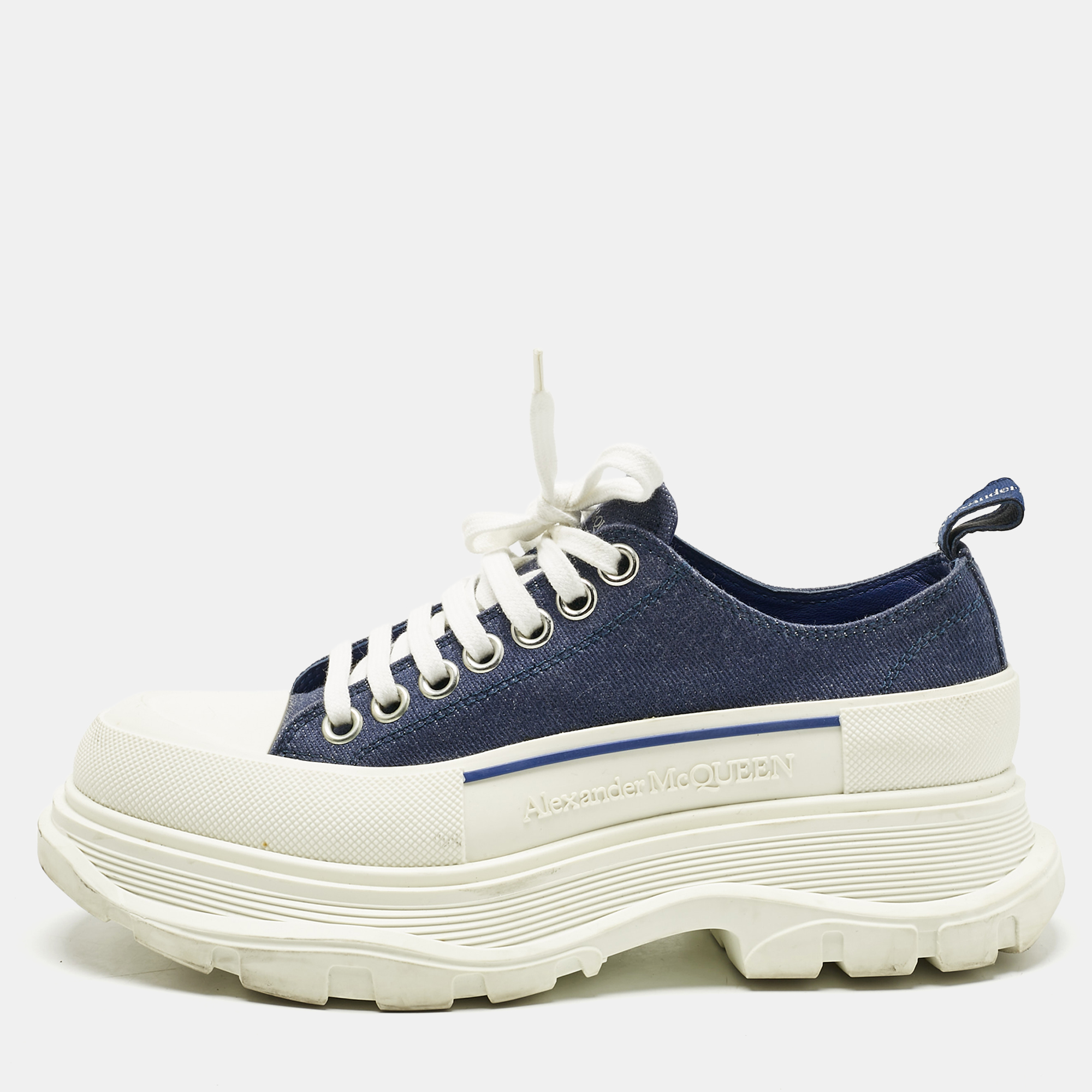 

Alexander McQueen Blue/White Canvas and Rubber Tread Slick Sneakers Size