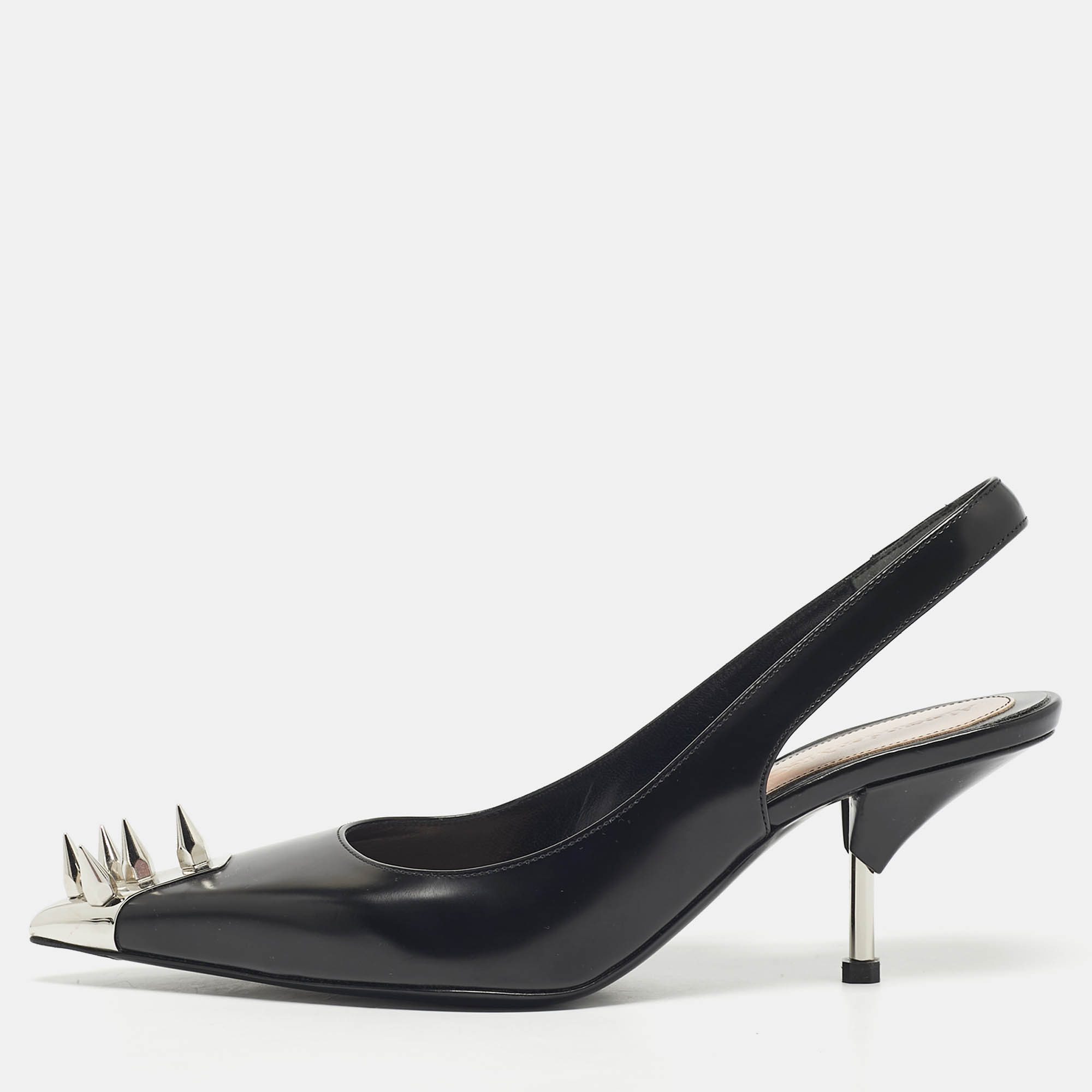 Pre-owned Alexander Mcqueen Black Leather Punk Spike Slingback Pumps Size 38