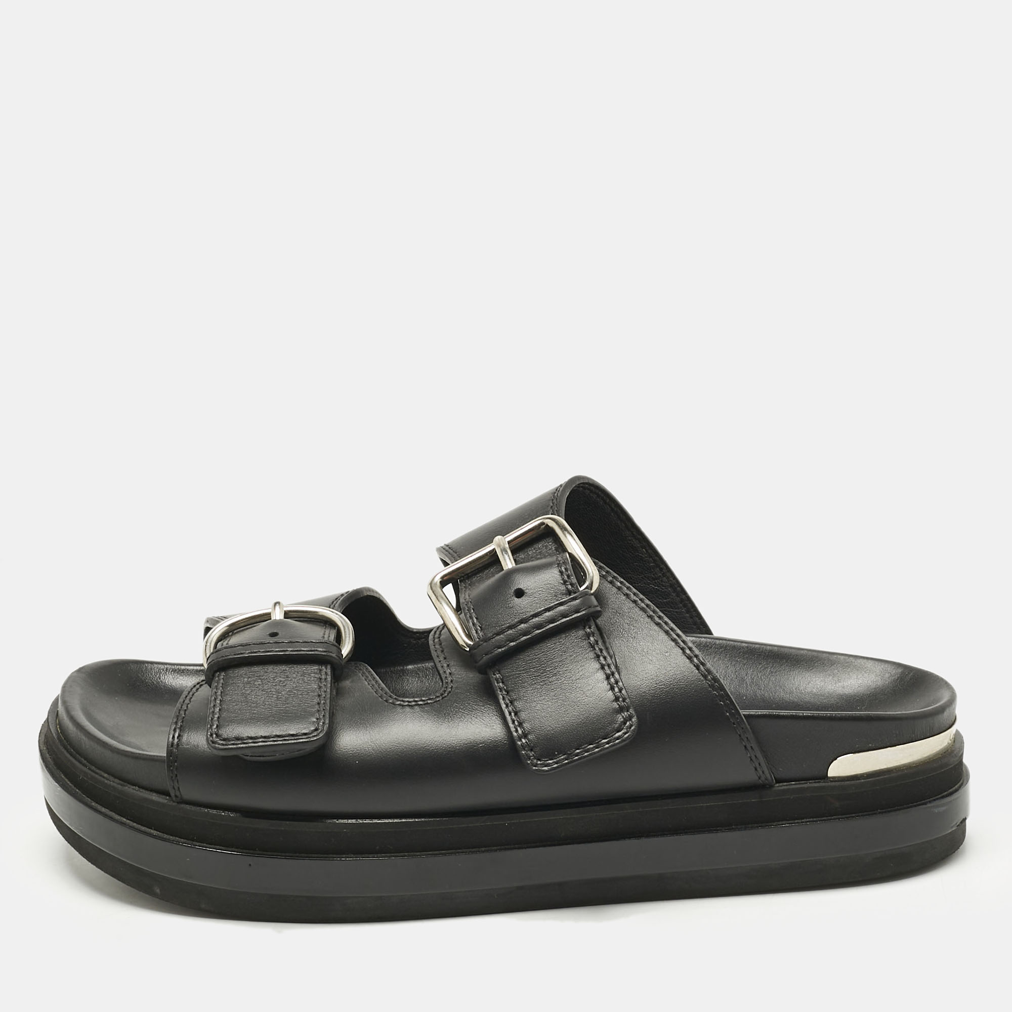 Pre-owned Alexander Mcqueen Black Leather Hybrid Slide Sandals Size 41