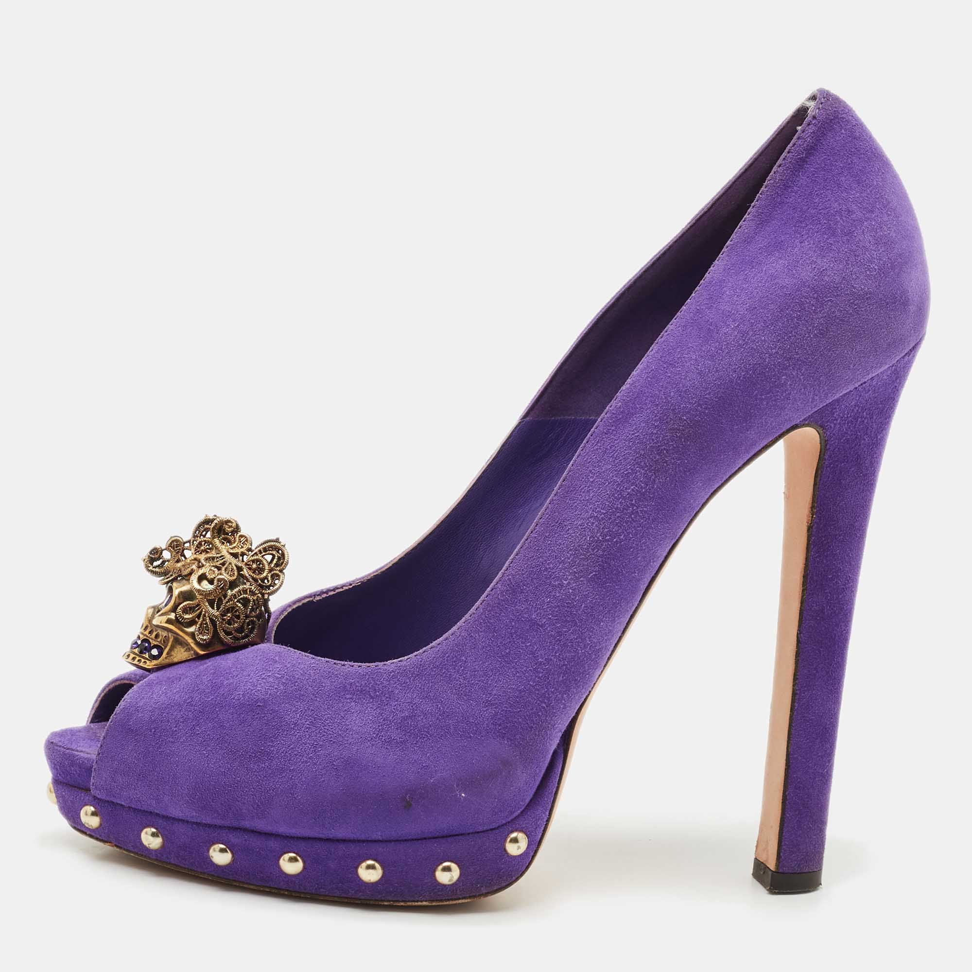 

Alexander McQueen Purple Suede Skull Peep Toe Pumps Size